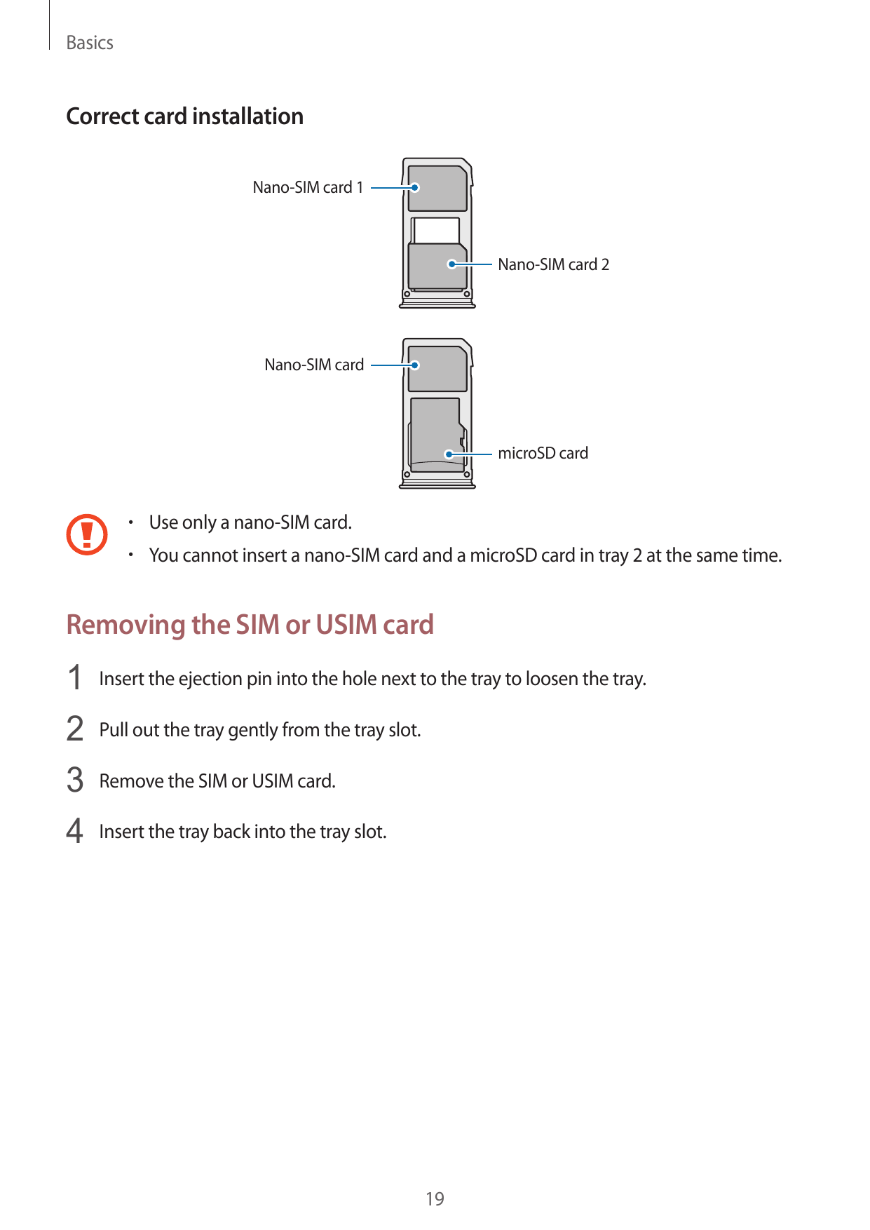 BasicsCorrect card installationNano-SIM card 1Nano-SIM card 2Nano-SIM cardmicroSD card• Use only a nano-SIM card.• You cannot in