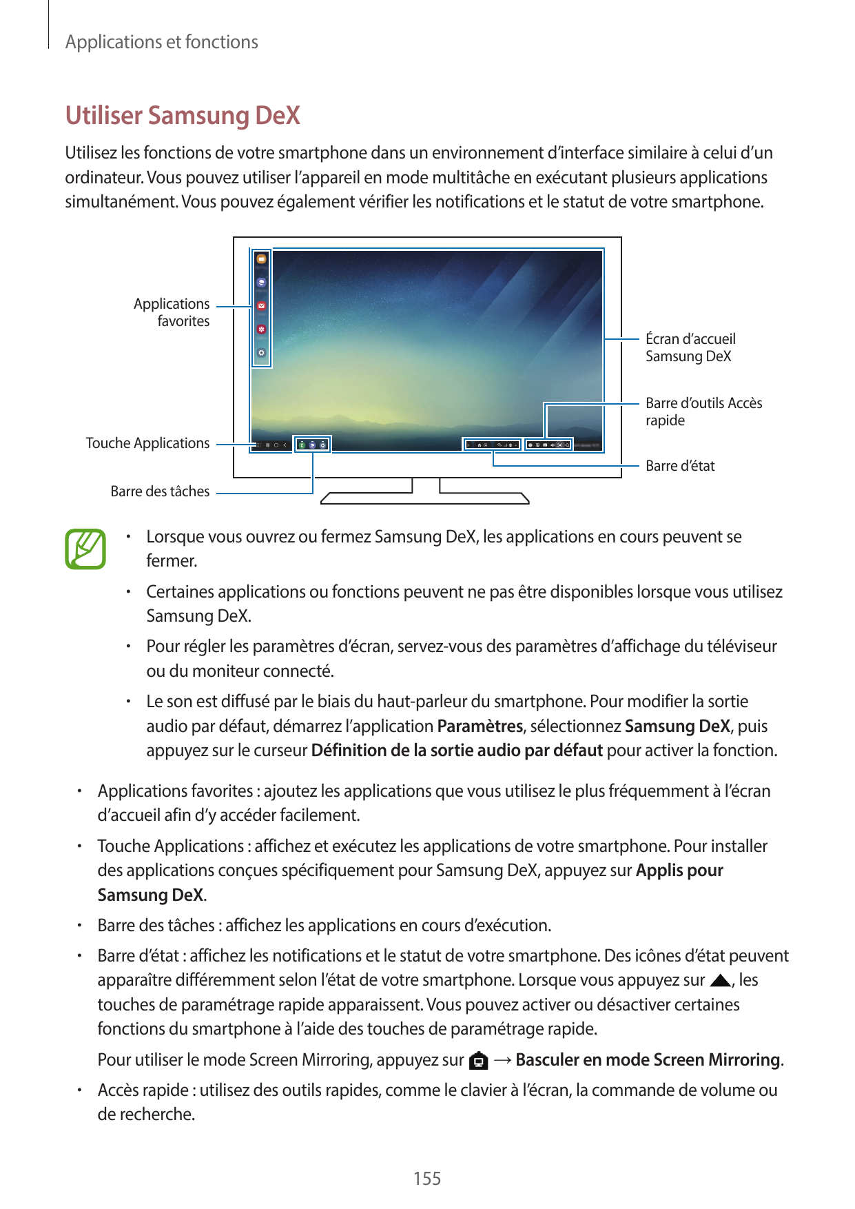 Applications et fonctionsUtiliser Samsung DeXUtilisez les fonctions de votre smartphone dans un environnement d’interface simila