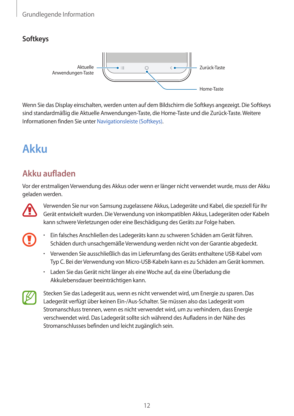 Grundlegende InformationSoftkeysAktuelleAnwendungen-TasteZurück-TasteHome-TasteWenn Sie das Display einschalten, werden unten au