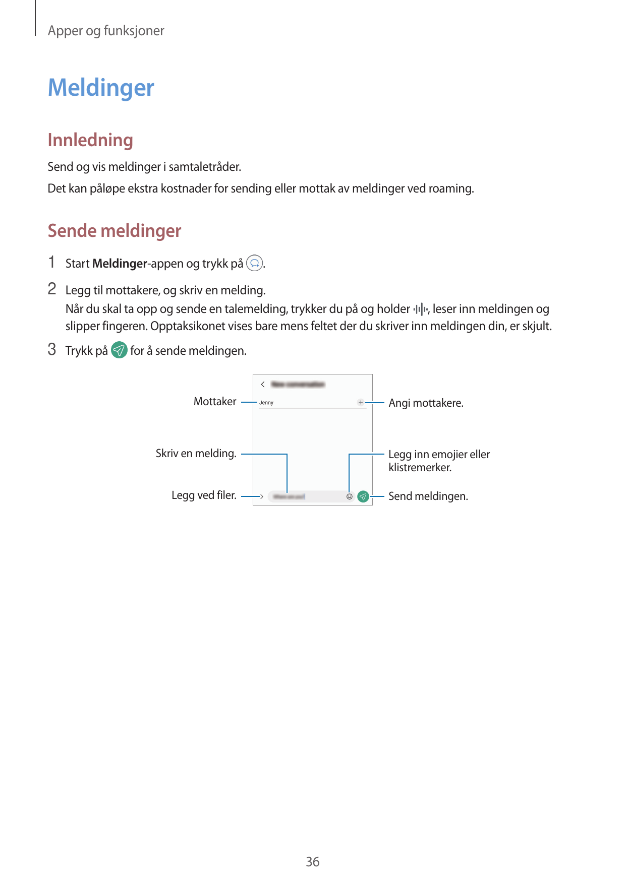 Apper og funksjonerMeldingerInnledningSend og vis meldinger i samtaletråder.Det kan påløpe ekstra kostnader for sending eller mo