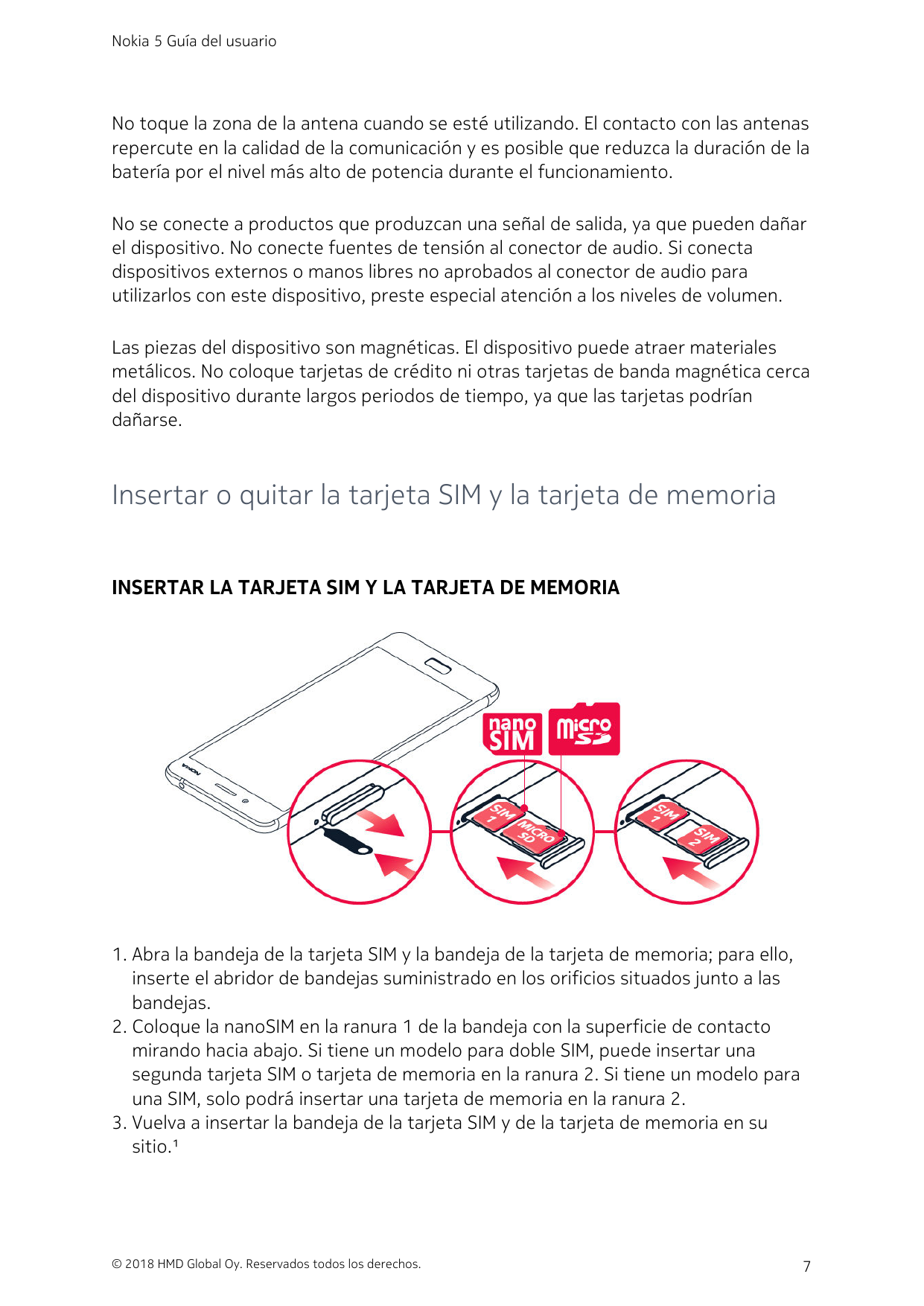 Nokia 5 Guía del usuarioNo toque la zona de la antena cuando se esté utilizando. El contacto con las antenasrepercute en la cali