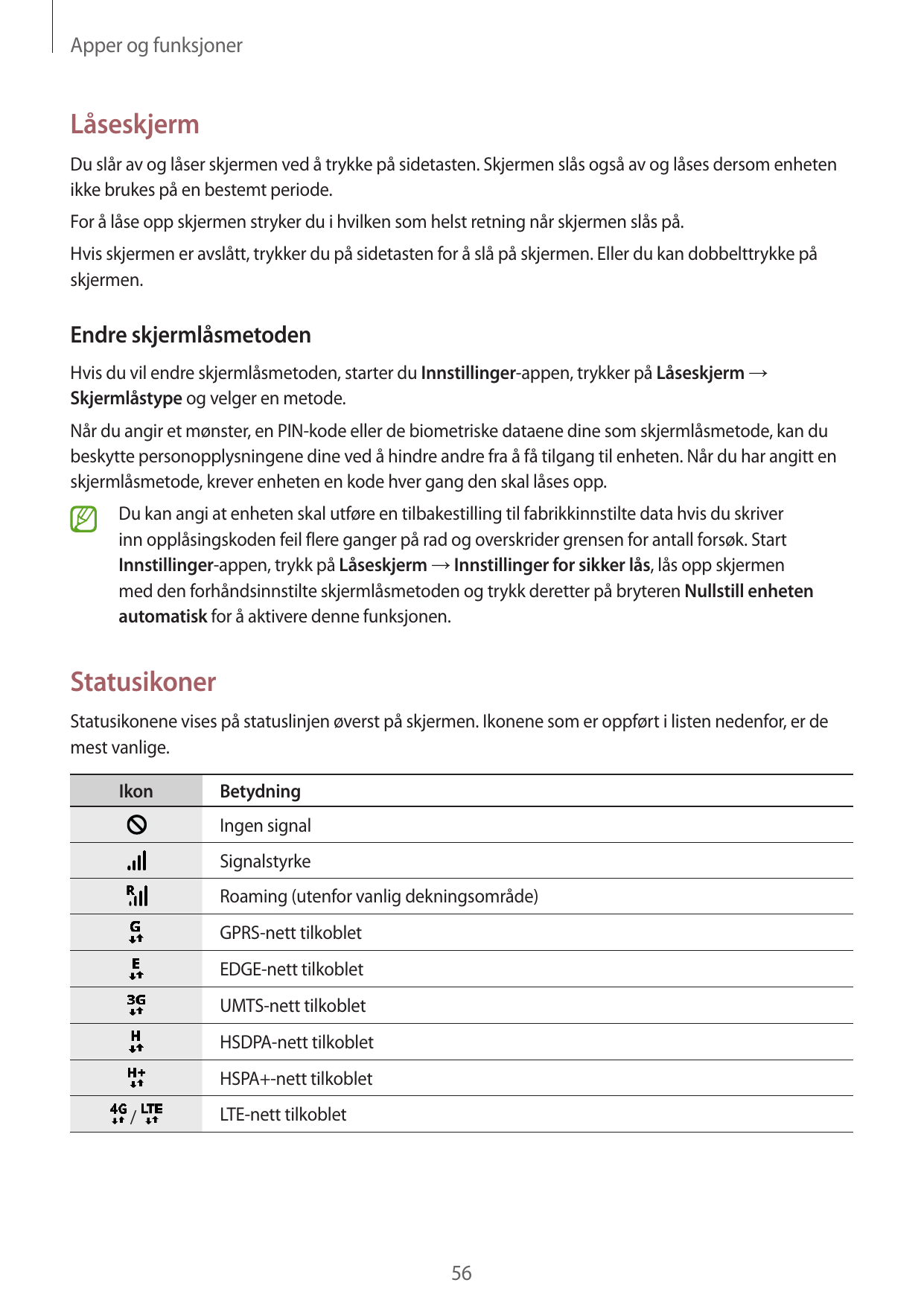 Apper og funksjonerLåseskjermDu slår av og låser skjermen ved å trykke på sidetasten. Skjermen slås også av og låses dersom enhe