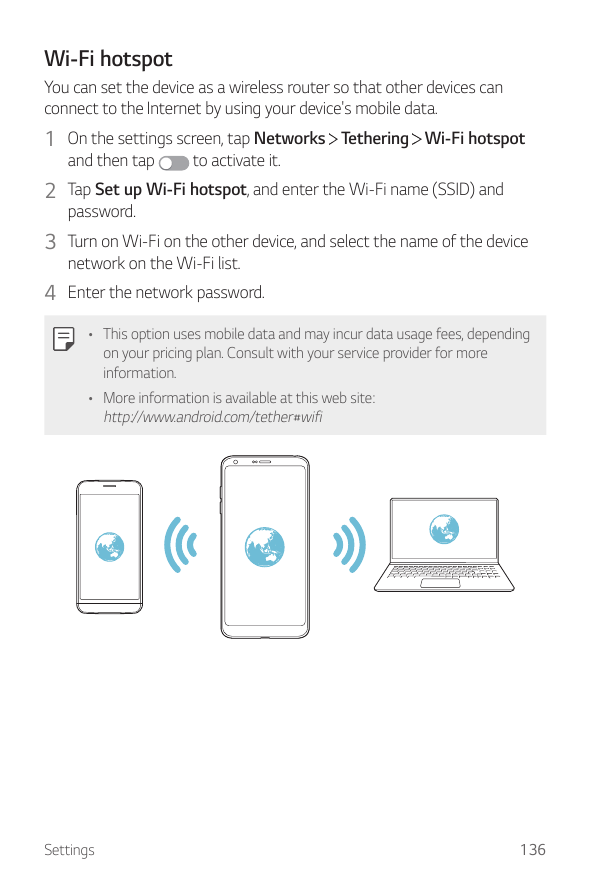 Wi-Fi hotspotYou can set the device as a wireless router so that other devices canconnect to the Internet by using your device's