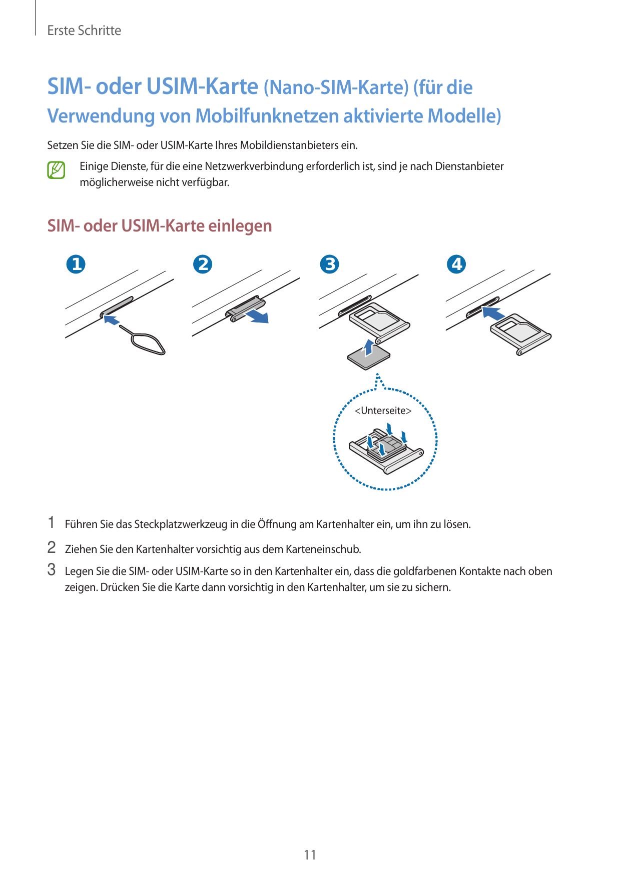 Erste SchritteSIM- oder USIM-Karte (Nano-SIM-Karte) (für dieVerwendung von Mobilfunknetzen aktivierte Modelle)Setzen Sie die SIM