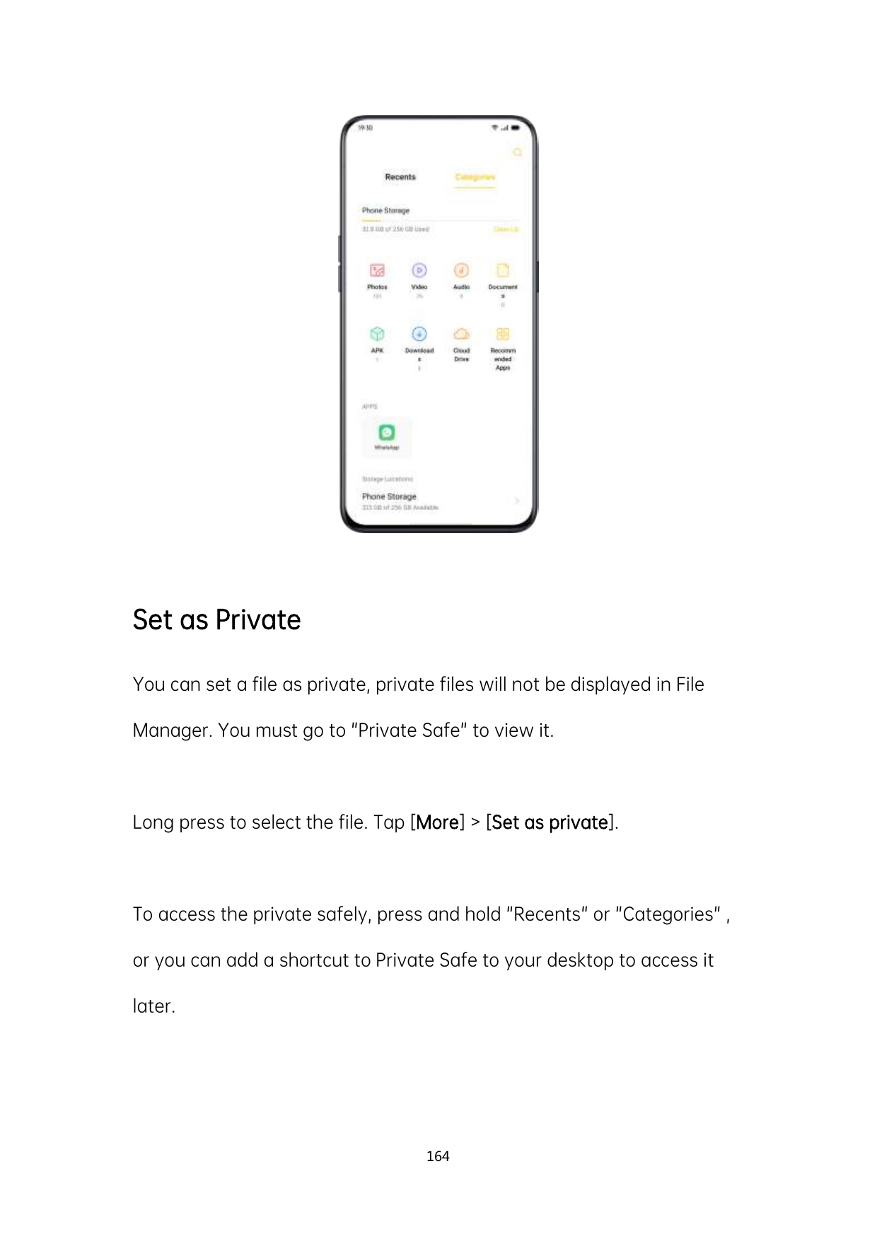 Set as PrivateYou can set a file as private, private files will not be displayed in FileManager. You must go to "Private Safe" t