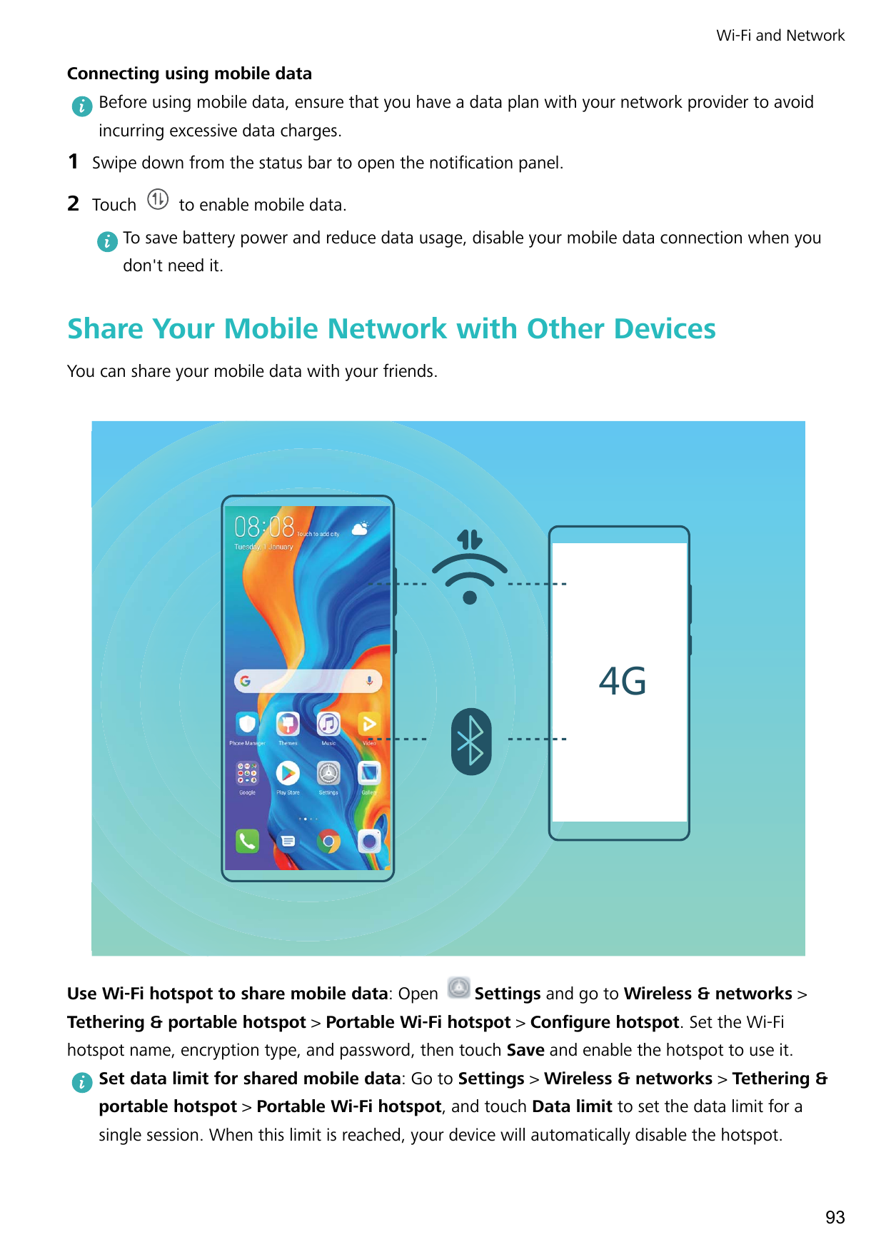 Wi-Fi and NetworkConnecting using mobile dataBefore using mobile data, ensure that you have a data plan with your network provid