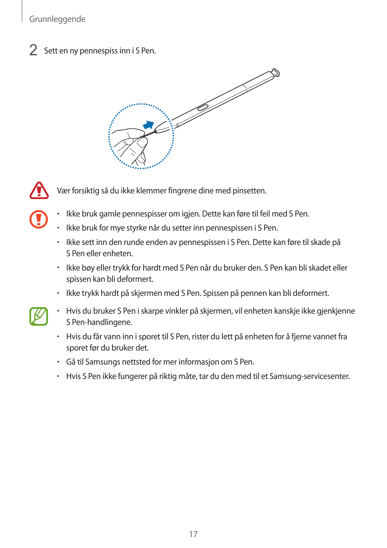 Grunnleggende2 Sett en ny pennespiss inn i S Pen.Vær forsiktig så du ikke klemmer fingrene dine med pinsetten.• Ikke bruk gamle 
