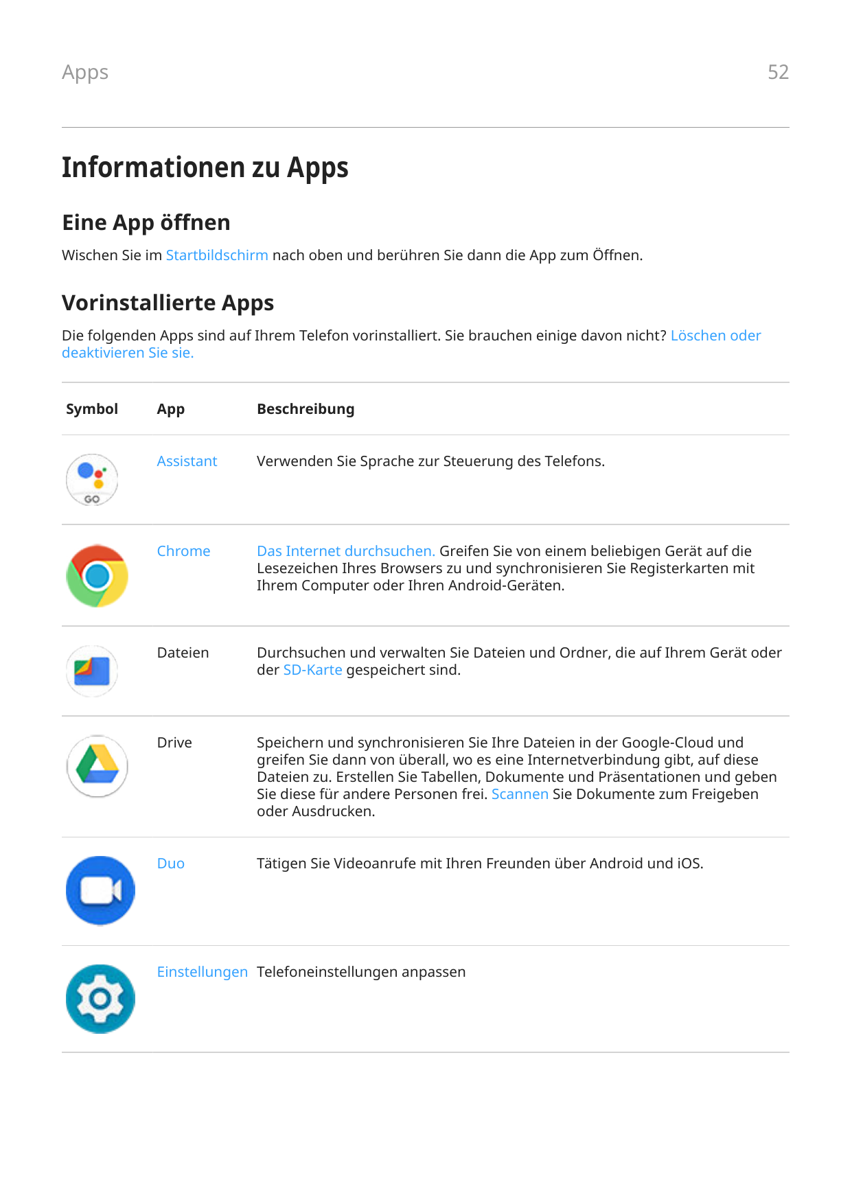 Apps52Informationen zu AppsEine App öffnenWischen Sie im Startbildschirm nach oben und berühren Sie dann die App zum Öffnen.Vori