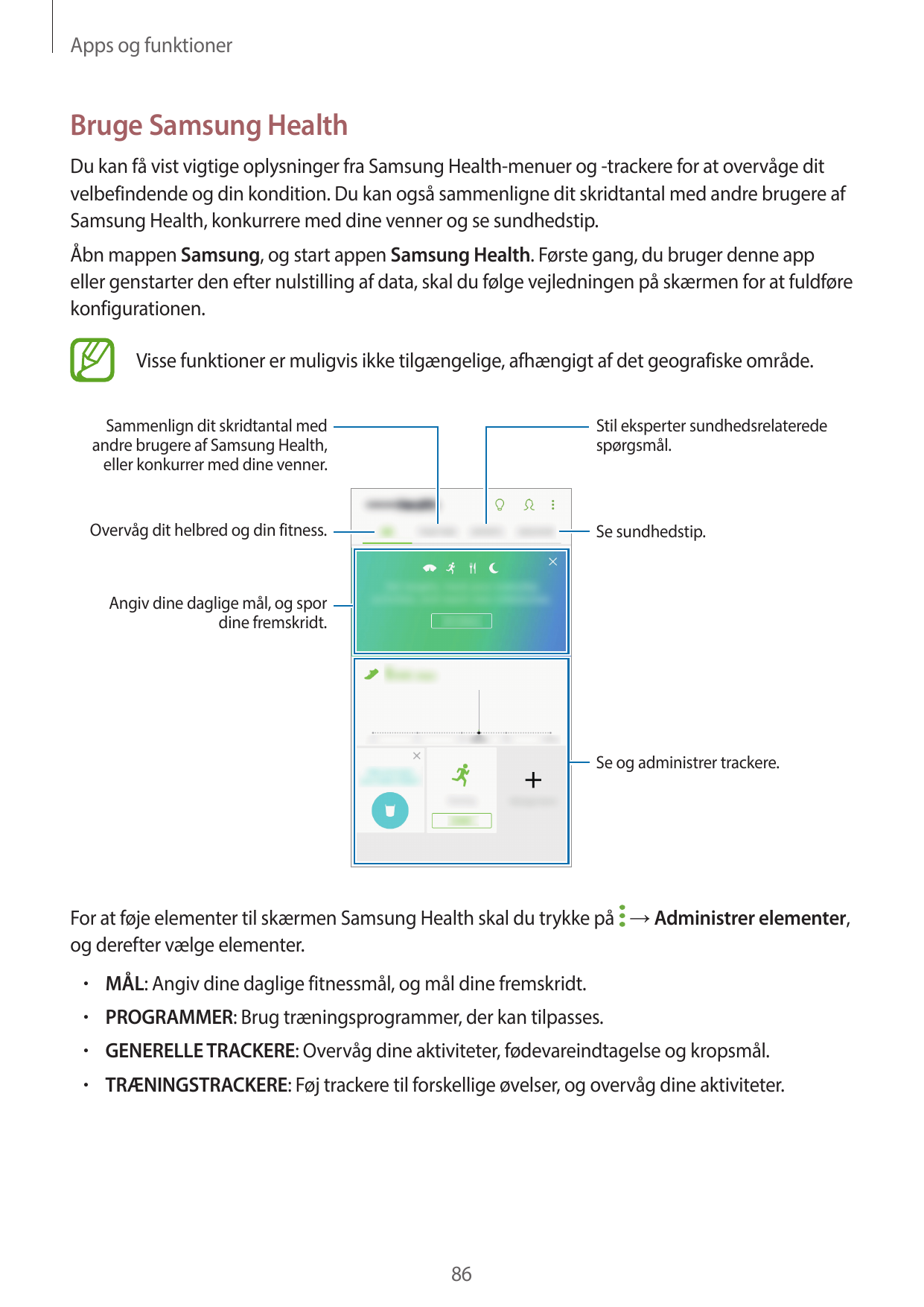 Apps og funktionerBruge Samsung HealthDu kan få vist vigtige oplysninger fra Samsung Health-menuer og -trackere for at overvåge 