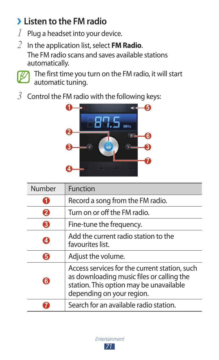 ››Listen to the FM radio1 Plug a headset into your device.2 In the application list, select FM Radio.The FM radio scans and save