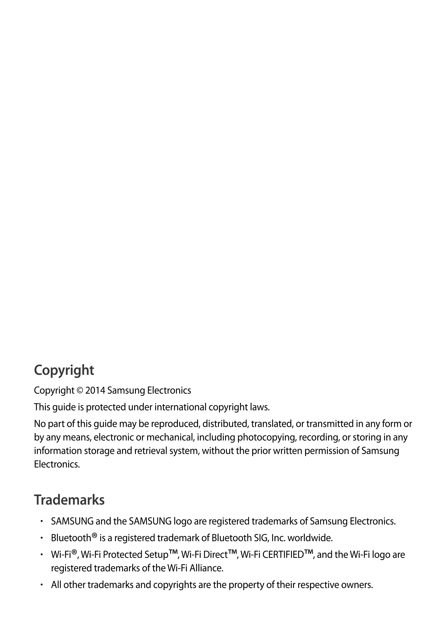 Copyright
Copyright © 2014 Samsung Electronics
This guide is protected under international copyright laws.
No part of this guide