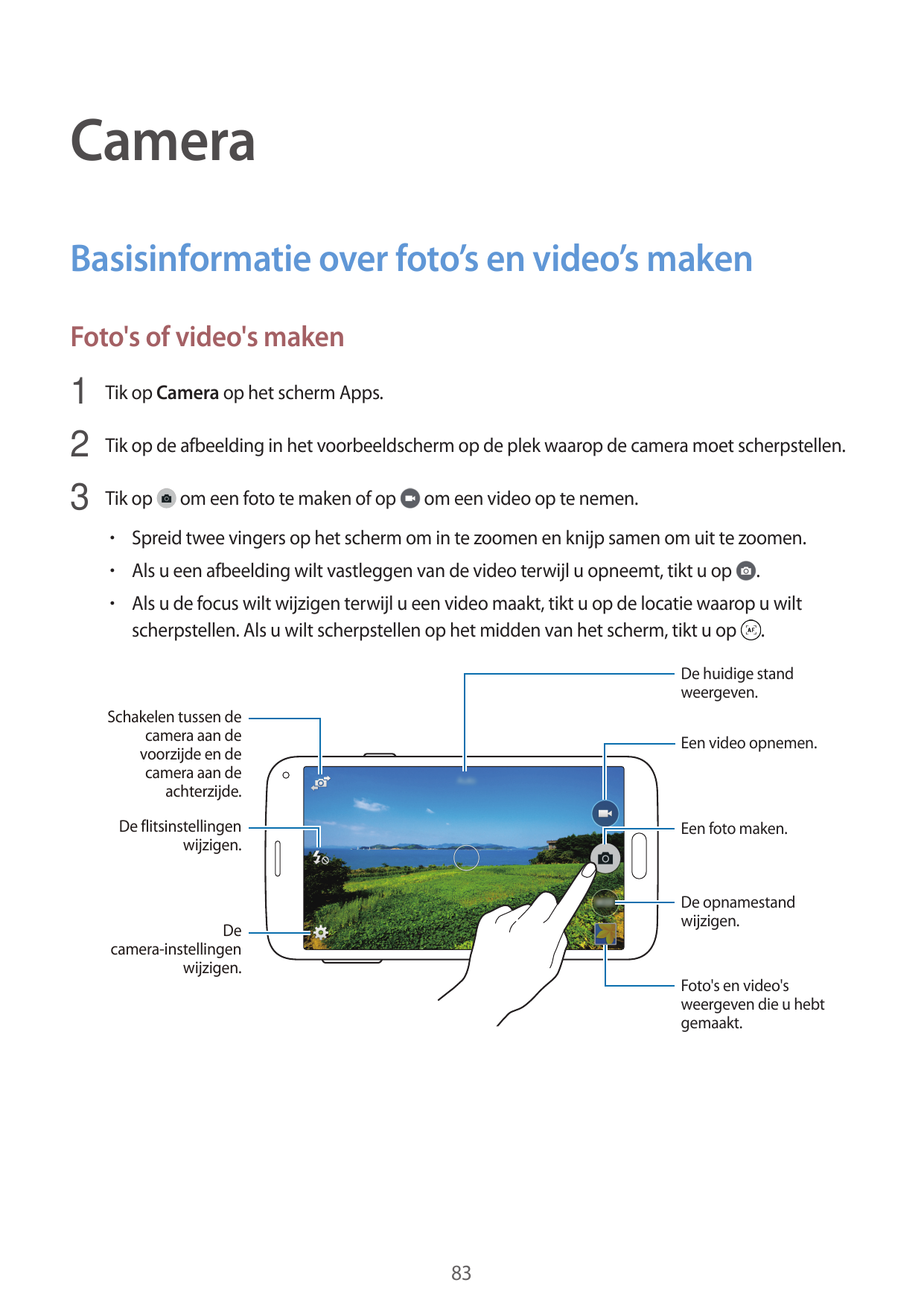 CameraBasisinformatie over foto’s en video’s makenFoto's of video's maken1 Tik op Camera op het scherm Apps.2 Tik op de afbeeldi