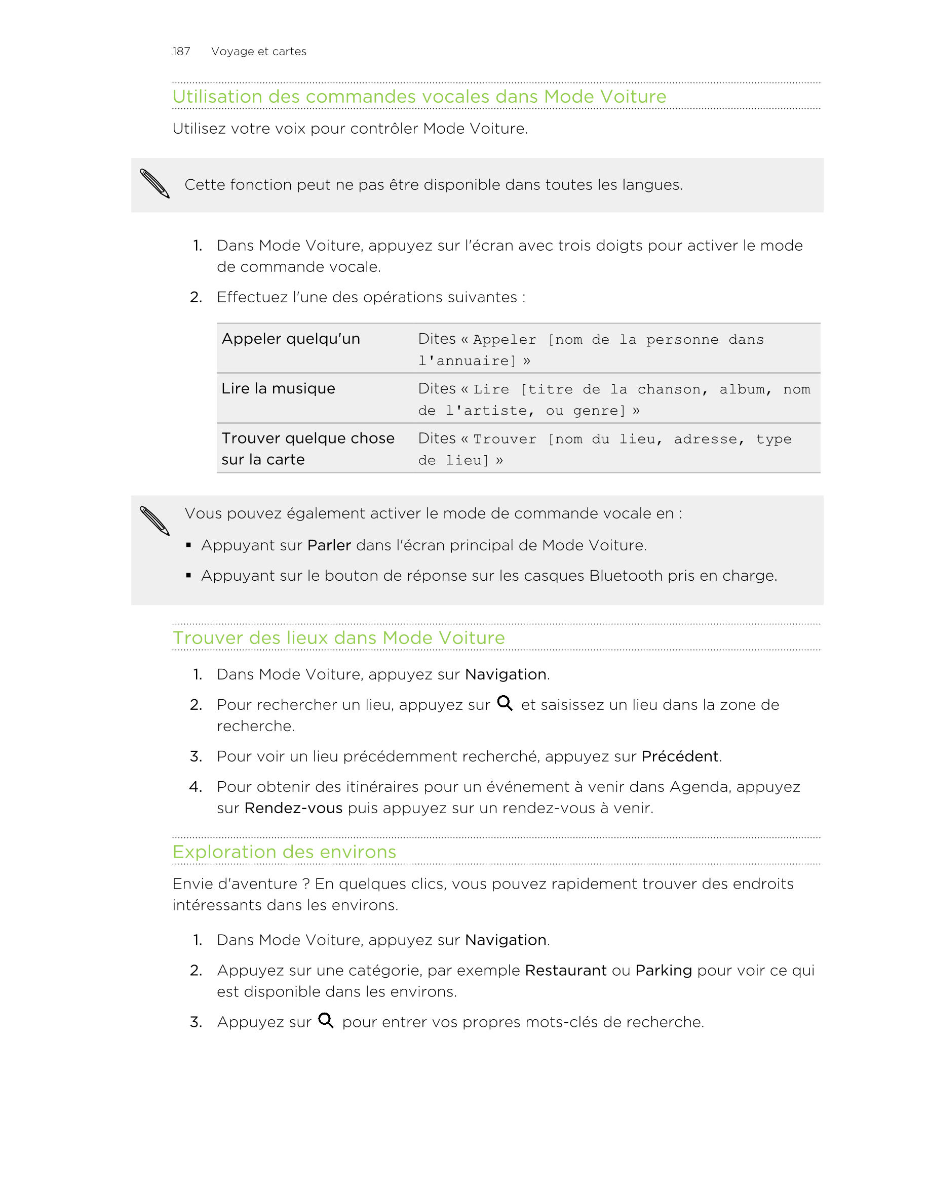 187      Voyage et cartes
Utilisation des commandes vocales dans Mode Voiture
Utilisez votre voix pour contrôler Mode Voiture.
C