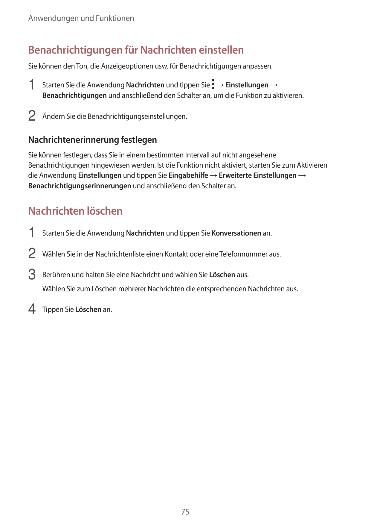 Anwendungen und FunktionenBenachrichtigungen für Nachrichten einstellenSie können den Ton, die Anzeigeoptionen usw. für Benachri