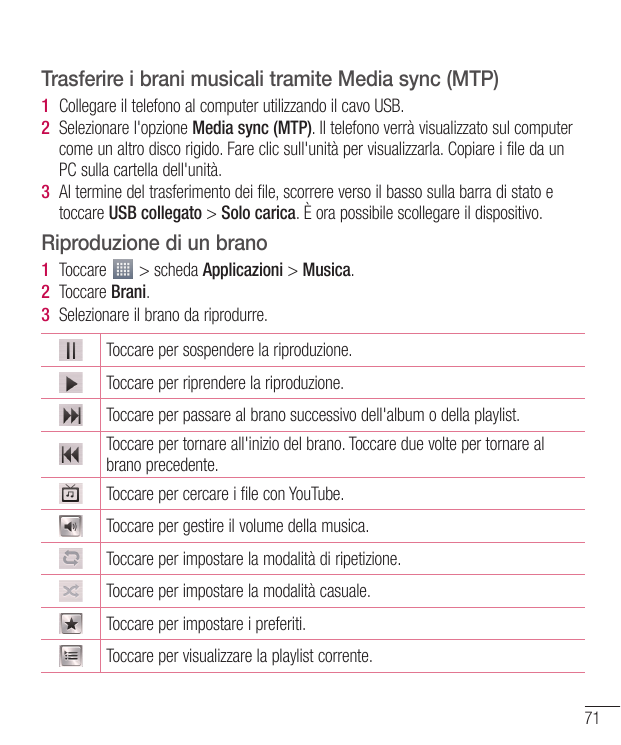 Trasferire i brani musicali tramite Media sync (MTP)1 Collegare il telefono al computer utilizzando il cavo USB.2 Selezionare l'