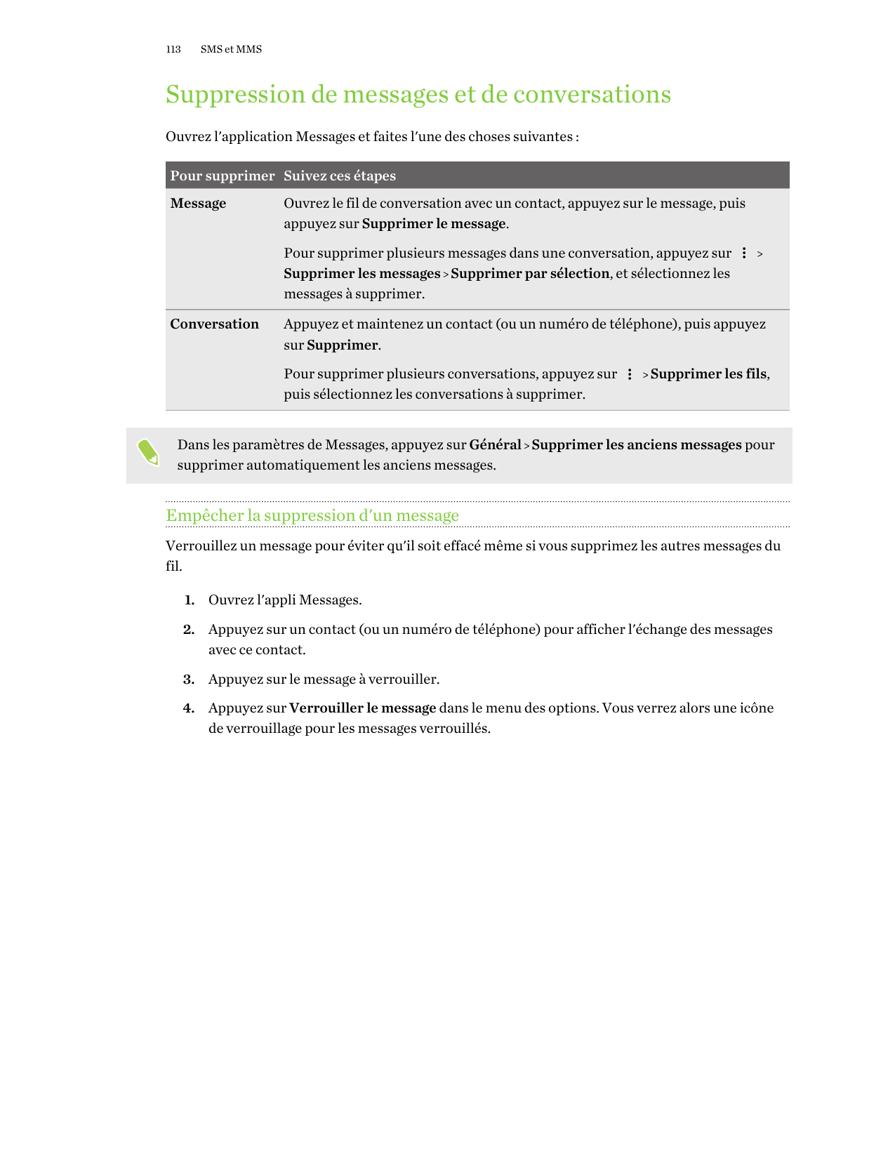 113SMS et MMSSuppression de messages et de conversationsOuvrez l'application Messages et faites l'une des choses suivantes :Pour