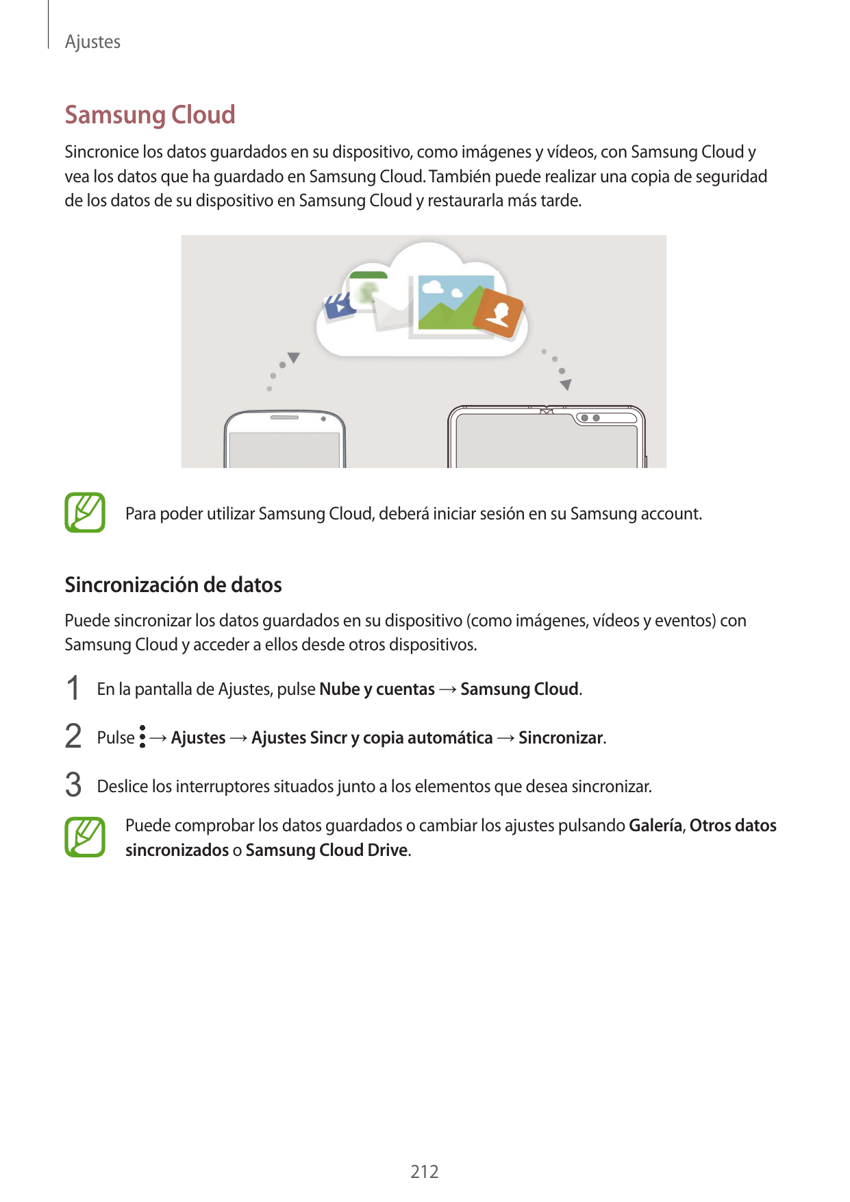 AjustesSamsung CloudSincronice los datos guardados en su dispositivo, como imágenes y vídeos, con Samsung Cloud yvea los datos q