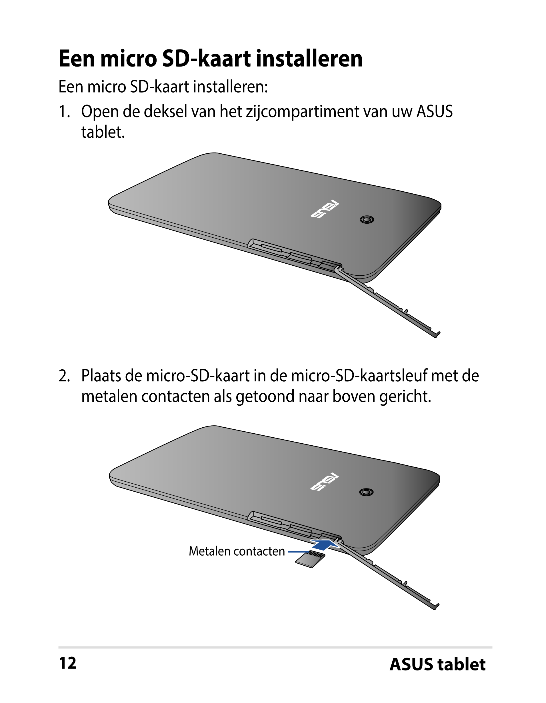Een micro SD-kaart installeren
Een micro SD-kaart installeren:
1.  Open de deksel van het zijcompartiment van uw ASUS 
tablet.
2