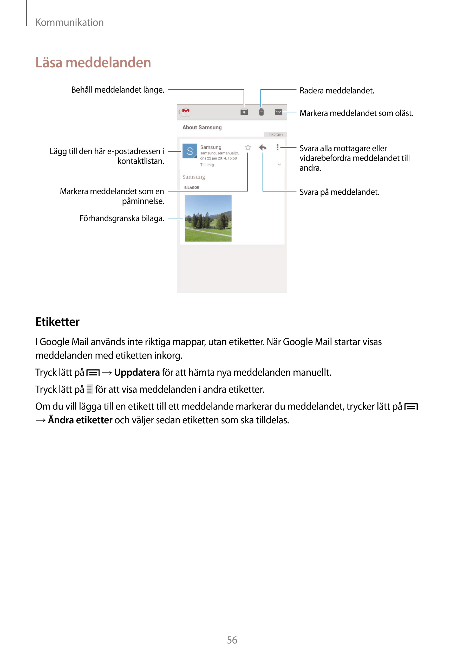 Kommunikation
Läsa meddelanden
Behåll meddelandet länge. Radera meddelandet.
Markera meddelandet som oläst.
Lägg till den här e-