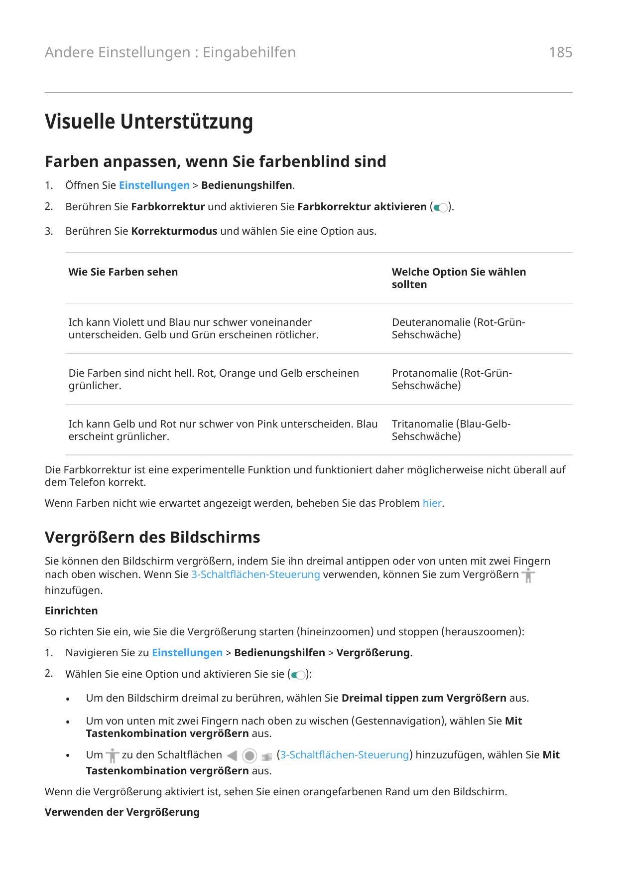 185Andere Einstellungen : EingabehilfenVisuelle UnterstützungFarben anpassen, wenn Sie farbenblind sind1.Öffnen Sie Einstellunge