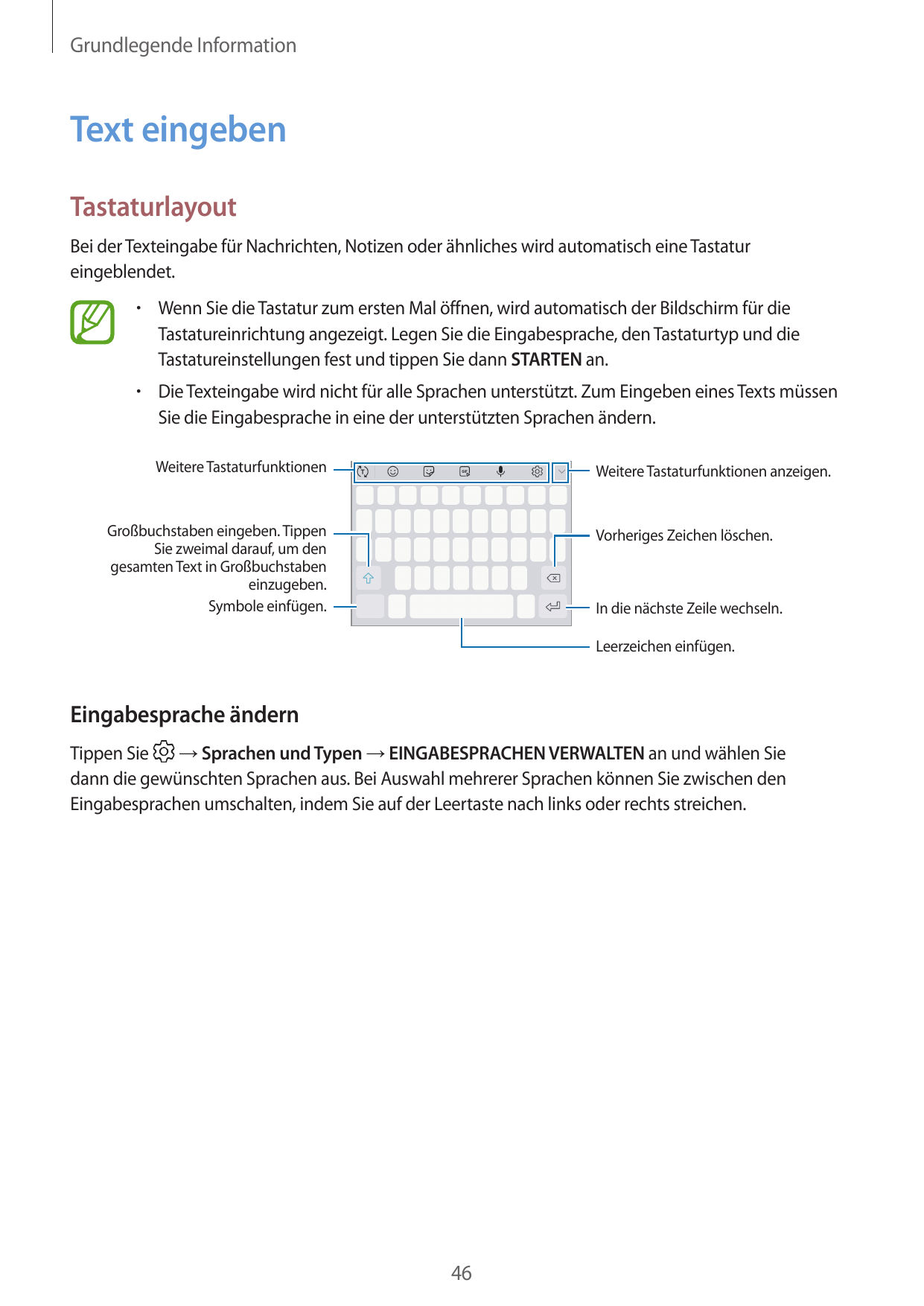 Grundlegende InformationText eingebenTastaturlayoutBei der Texteingabe für Nachrichten, Notizen oder ähnliches wird automatisch 