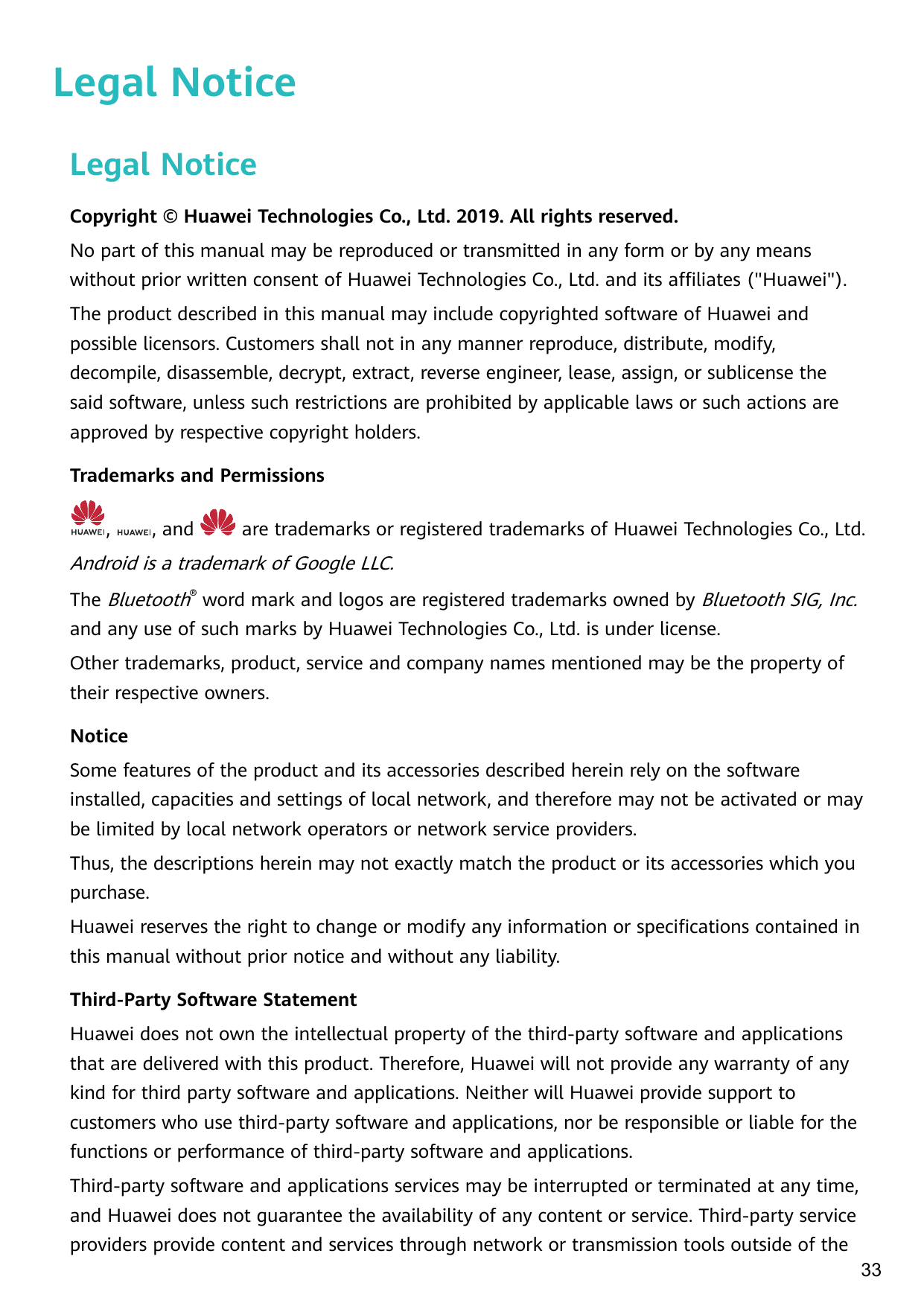 Legal NoticeLegal NoticeCopyright © Huawei Technologies Co., Ltd. 2019. All rights reserved.No part of this manual may be reprod