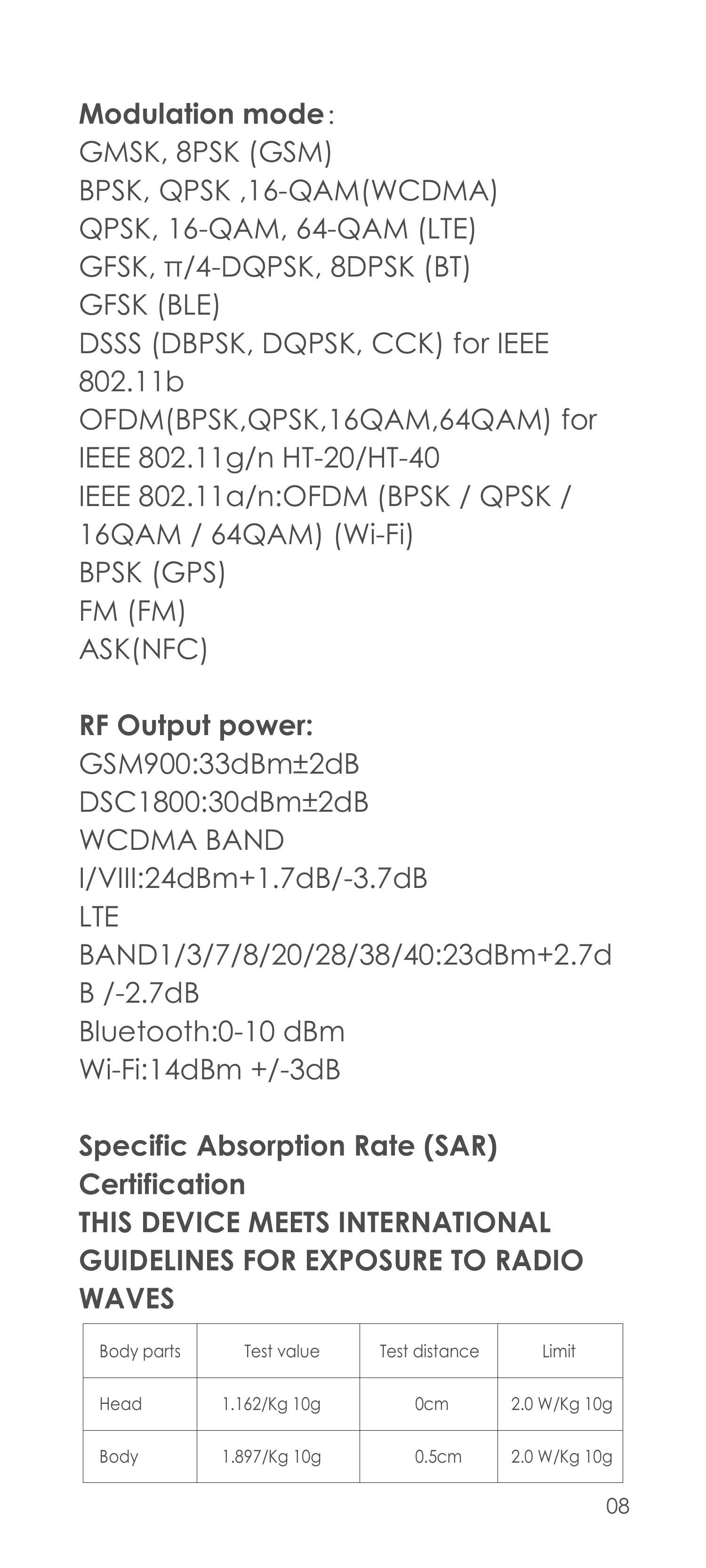 Modulation mode：GMSK, 8PSK (GSM)BPSK, QPSK ,16-QAM(WCDMA)QPSK, 16-QAM, 64-QAM (LTE)GFSK, π/4-DQPSK, 8DPSK (BT)GFSK (BLE)DSSS (DB