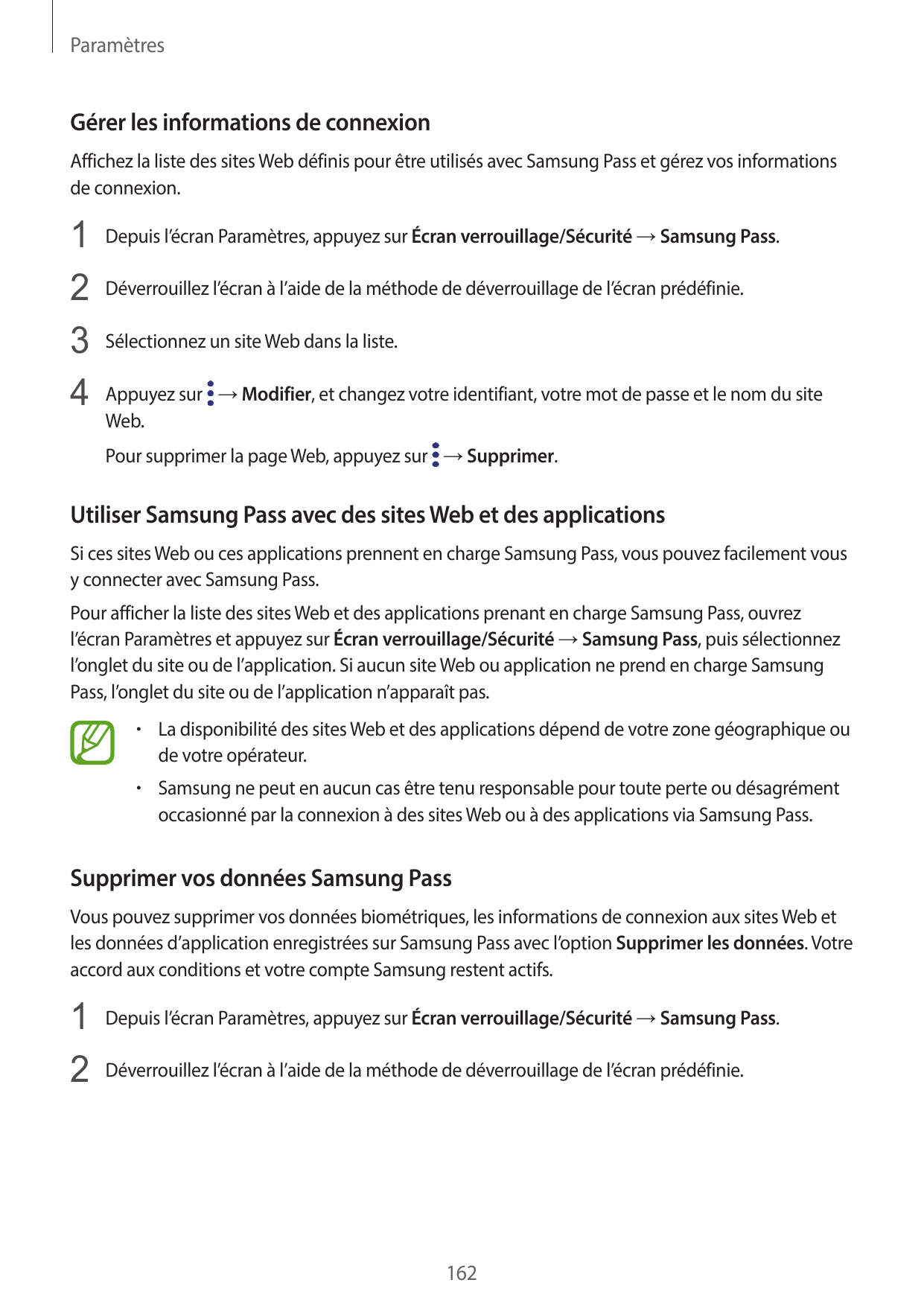 ParamètresGérer les informations de connexionAffichez la liste des sites Web définis pour être utilisés avec Samsung Pass et gér
