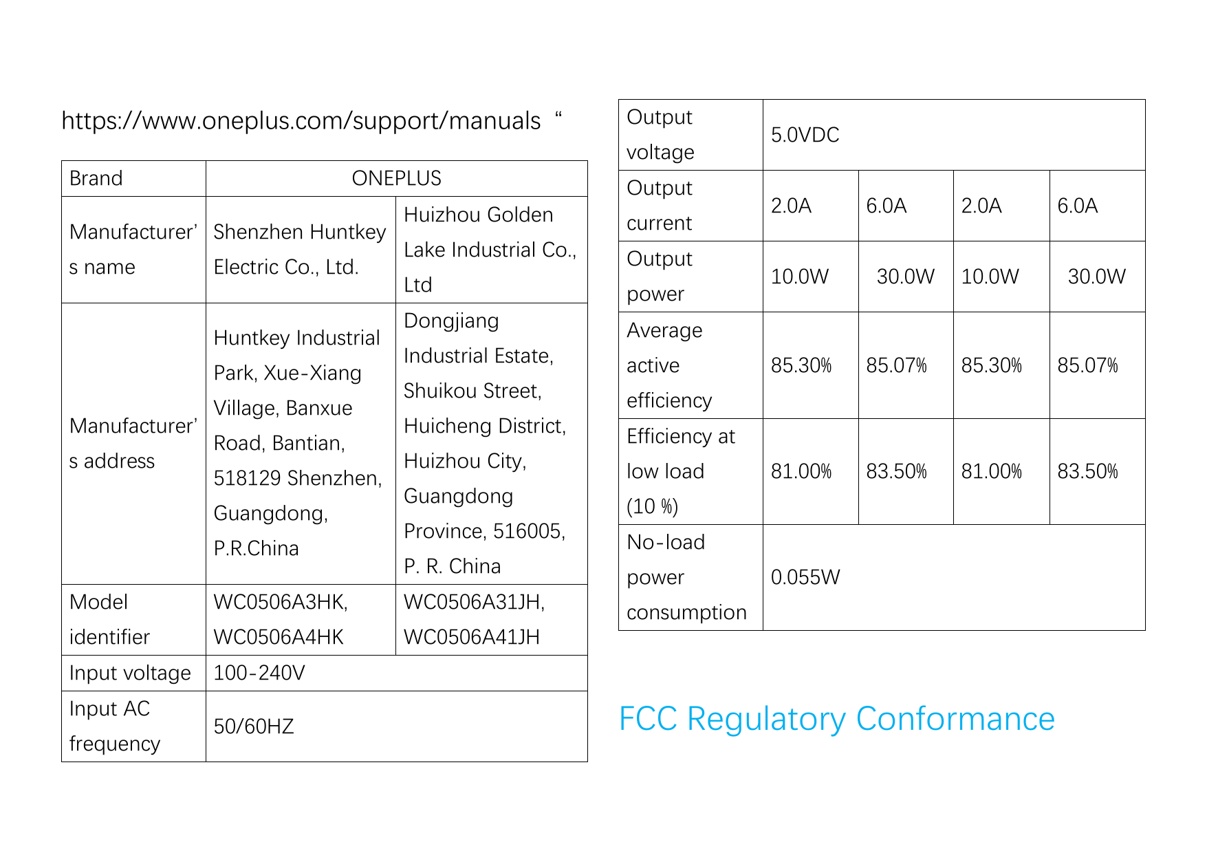 https://www.oneplus.com/support/manuals “OutputvoltageBrandONEPLUSManufacturer’ Shenzhen Huntkeys nameElectric Co., Ltd.Huntkey 