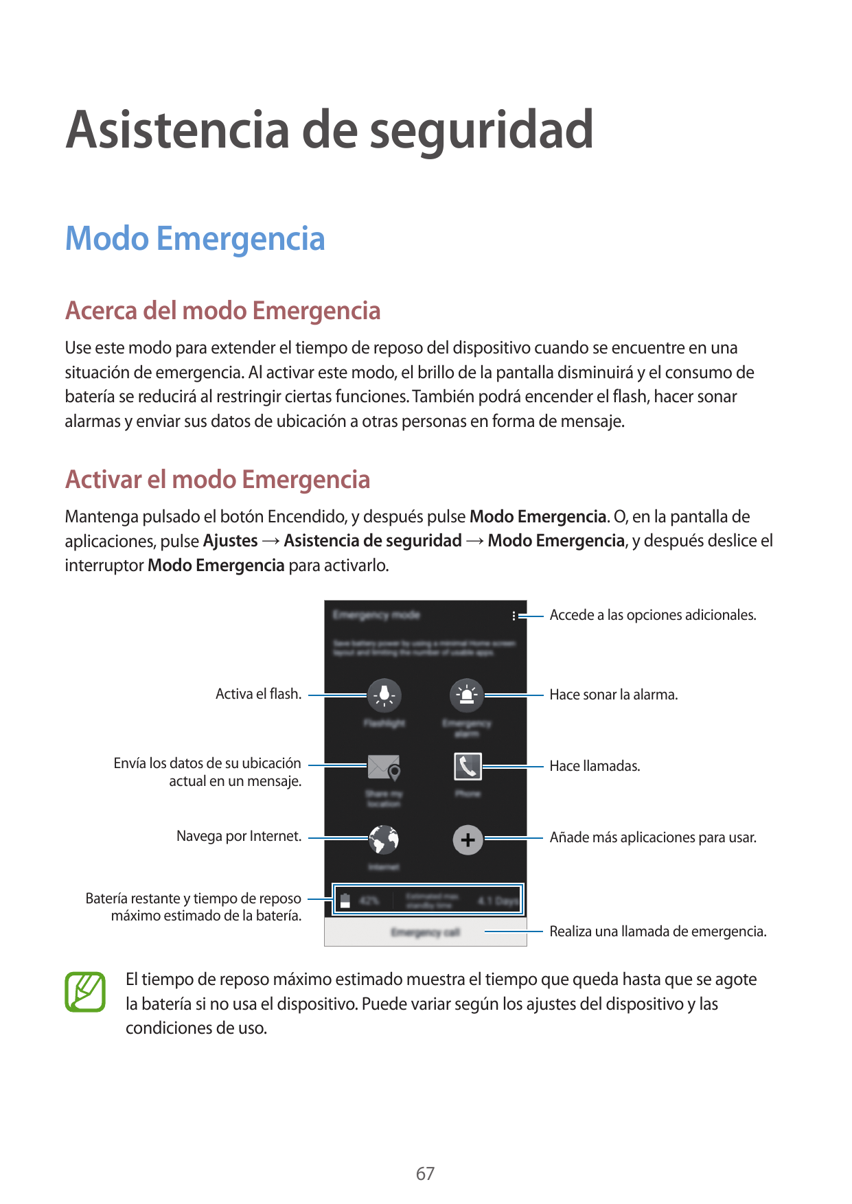 Asistencia de seguridadModo EmergenciaAcerca del modo EmergenciaUse este modo para extender el tiempo de reposo del dispositivo 