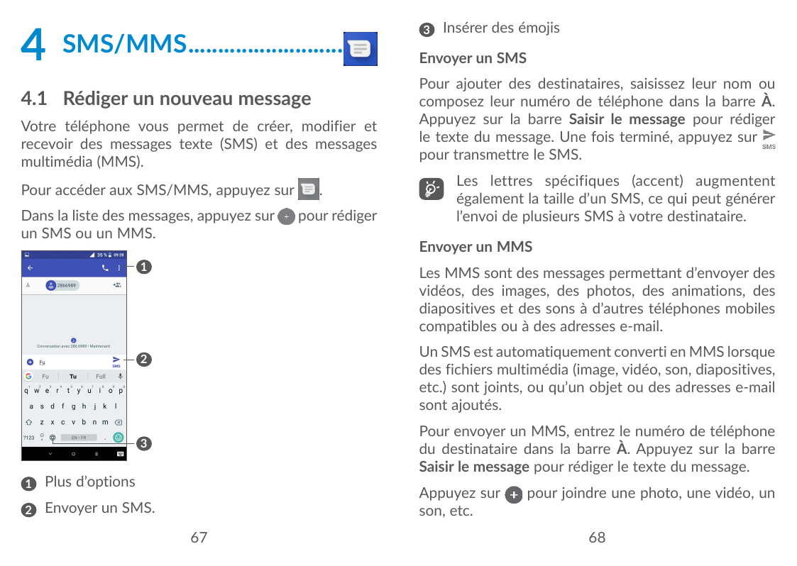 4SMS/MMS...........................4.1 Rédiger un nouveau messageVotre téléphone vous permet de créer, modifier etrecevoir des m