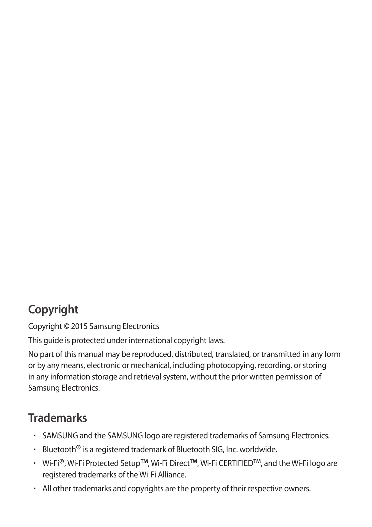CopyrightCopyright © 2015 Samsung ElectronicsThis guide is protected under international copyright laws.No part of this manual m