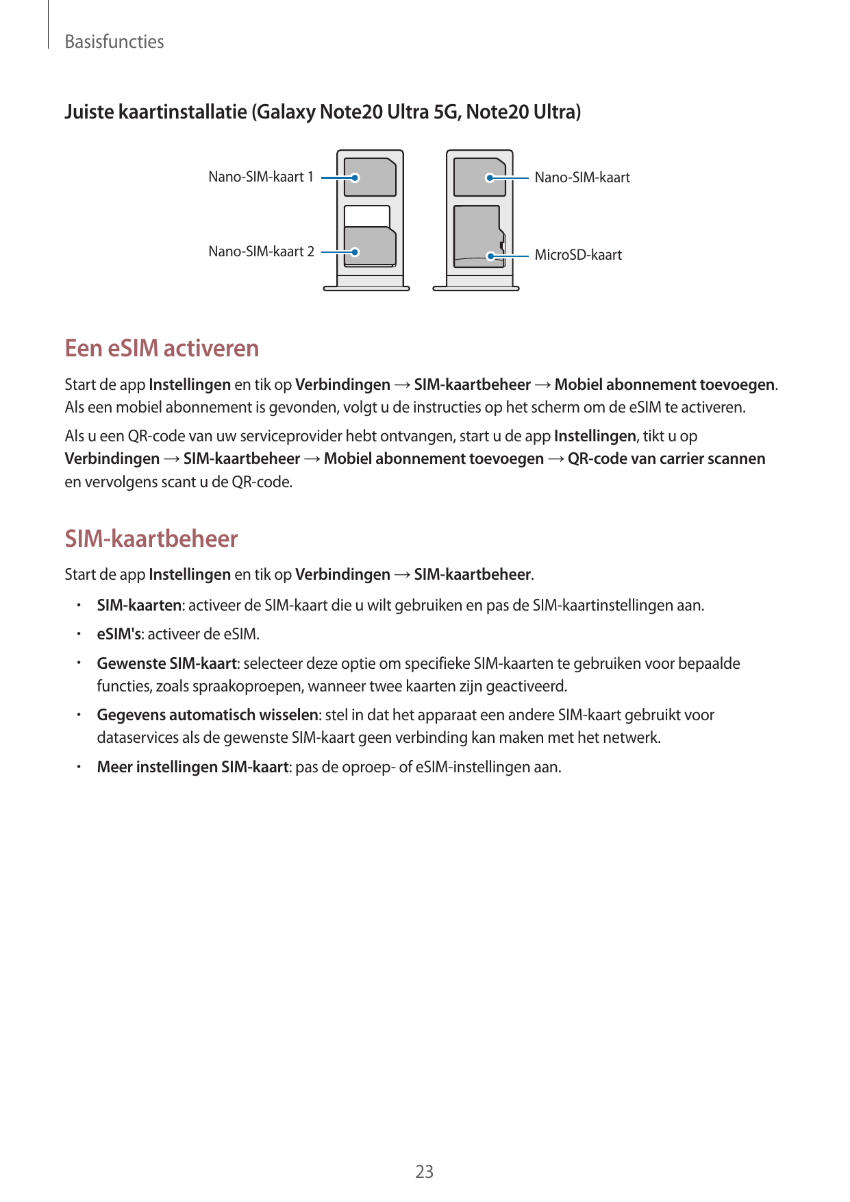 BasisfunctiesJuiste kaartinstallatie (Galaxy Note20 Ultra 5G, Note20 Ultra)Nano-SIM-kaart 1Nano-SIM-kaartNano-SIM-kaart 2MicroSD