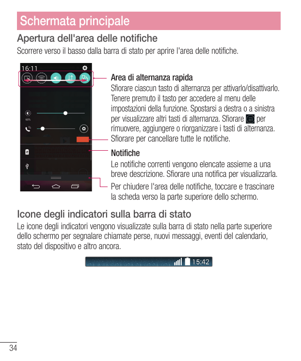 Schermata principaleApertura dell'area delle notificheScorrere verso il basso dalla barra di stato per aprire l'area delle notif