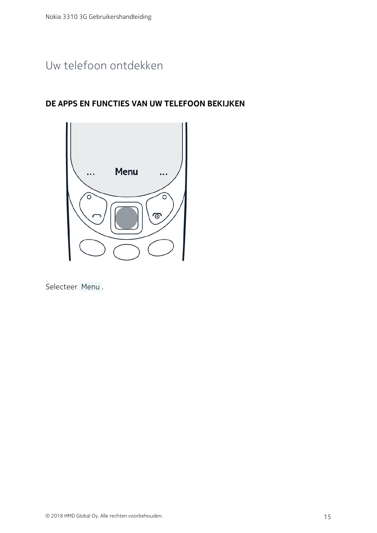 Nokia 3310 3G GebruikershandleidingUw telefoon ontdekkenDE APPS EN FUNCTIES VAN UW TELEFOON BEKIJKENSelecteer  Menu .© 2018 HMD 