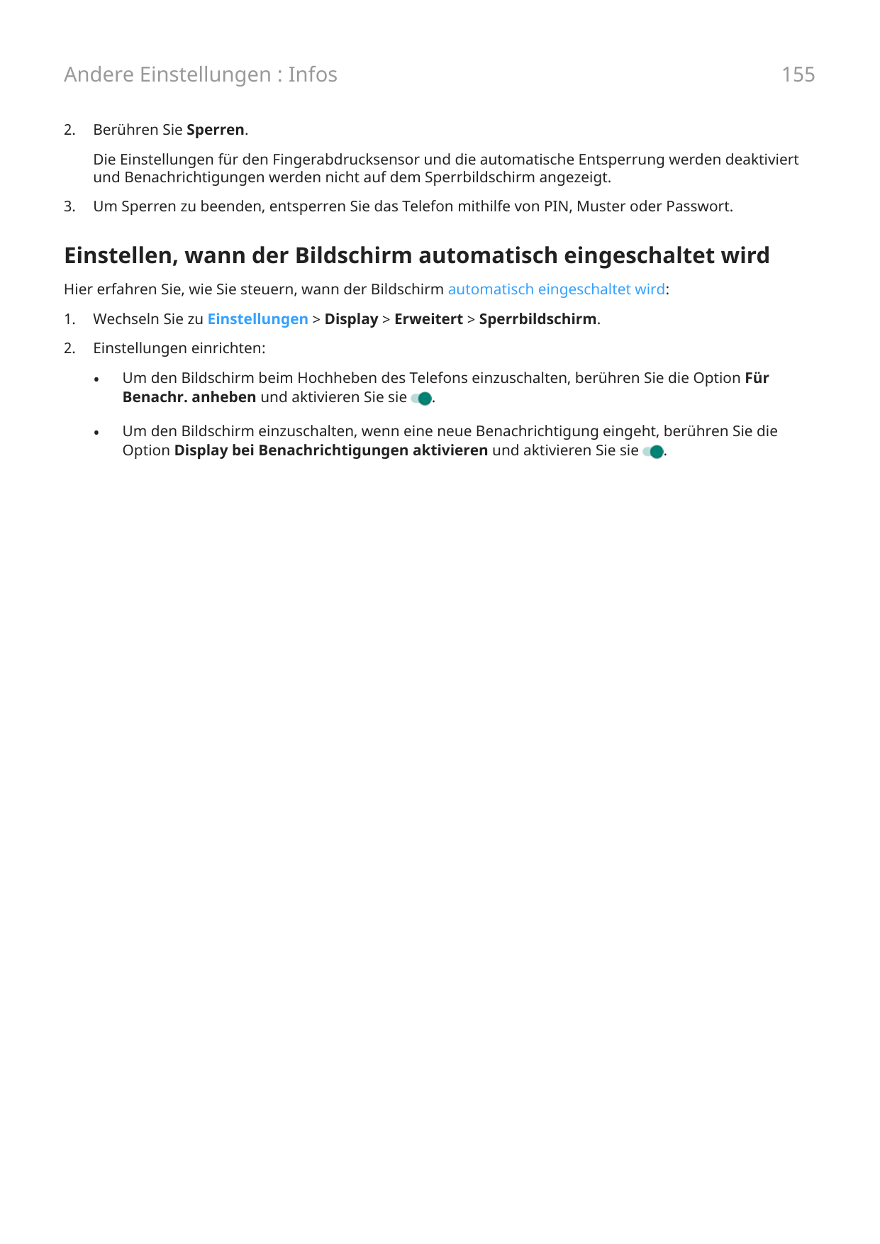 Andere Einstellungen : Infos2.155Berühren Sie Sperren.Die Einstellungen für den Fingerabdrucksensor und die automatische Entsper