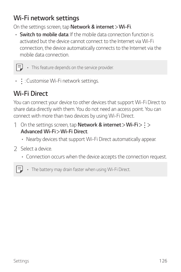 Wi-Fi network settingsOn the settings screen, tap Network & internet Wi-Fi.• Switch to mobile data: If the mobile data connectio
