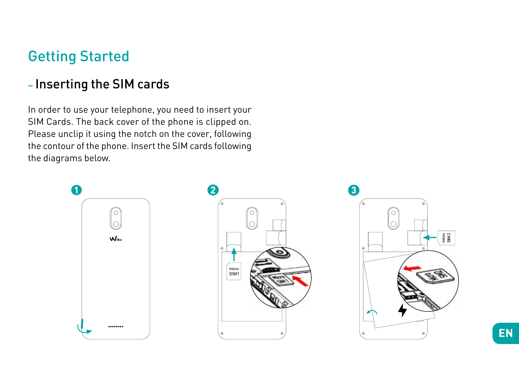 Getting Started~ Inserting the SIM cards2In order to use your telephone, you need to insert yourSIM Cards. The back cover of the