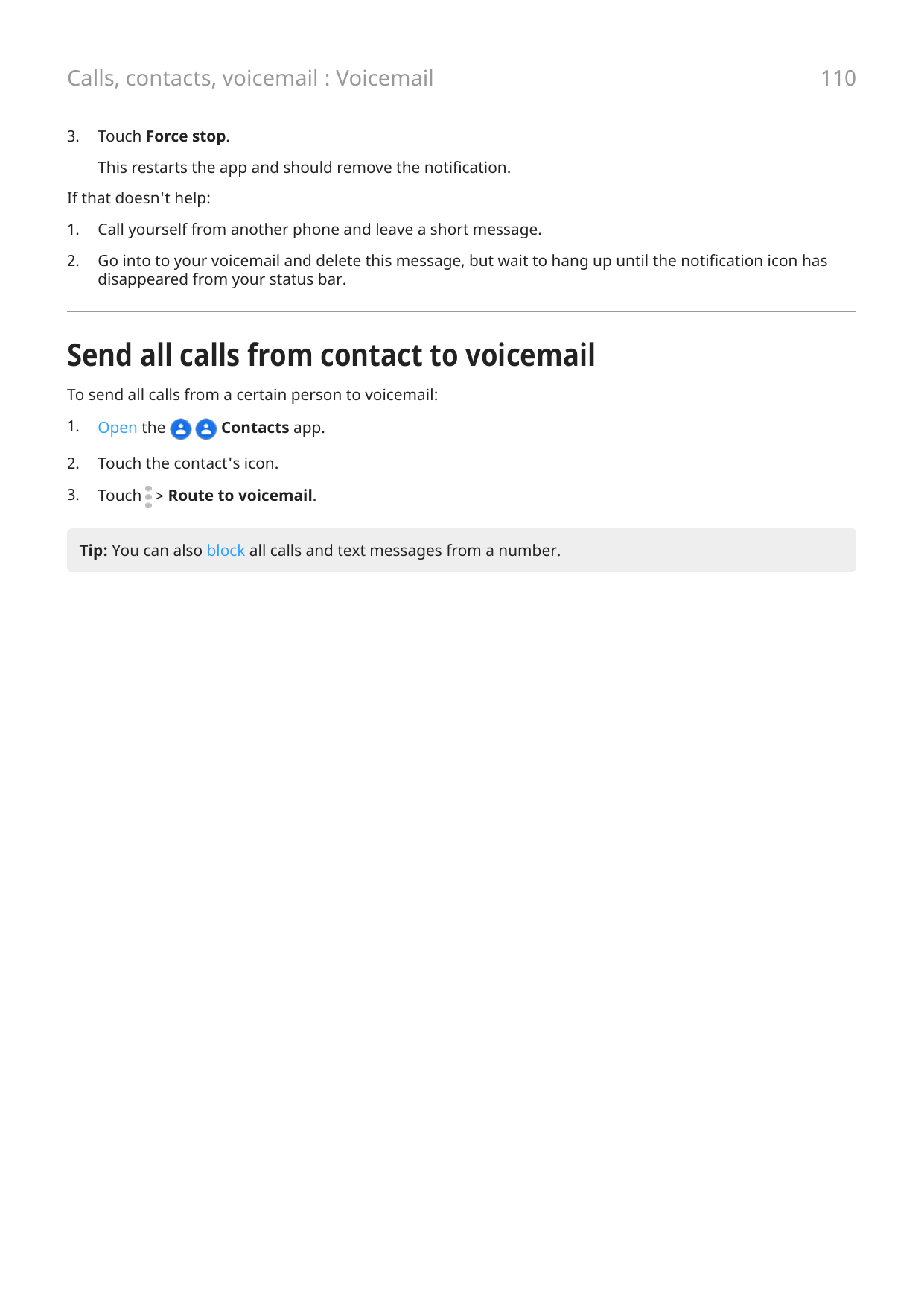 Calls, contacts, voicemail : Voicemail3.110Touch Force stop.This restarts the app and should remove the notification.If that doe