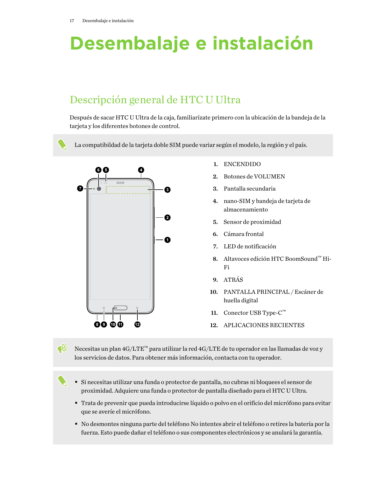 17Desembalaje e instalaciónDesembalaje e instalaciónDescripción general de HTC U UltraDespués de sacar HTC U Ultra de la caja, f