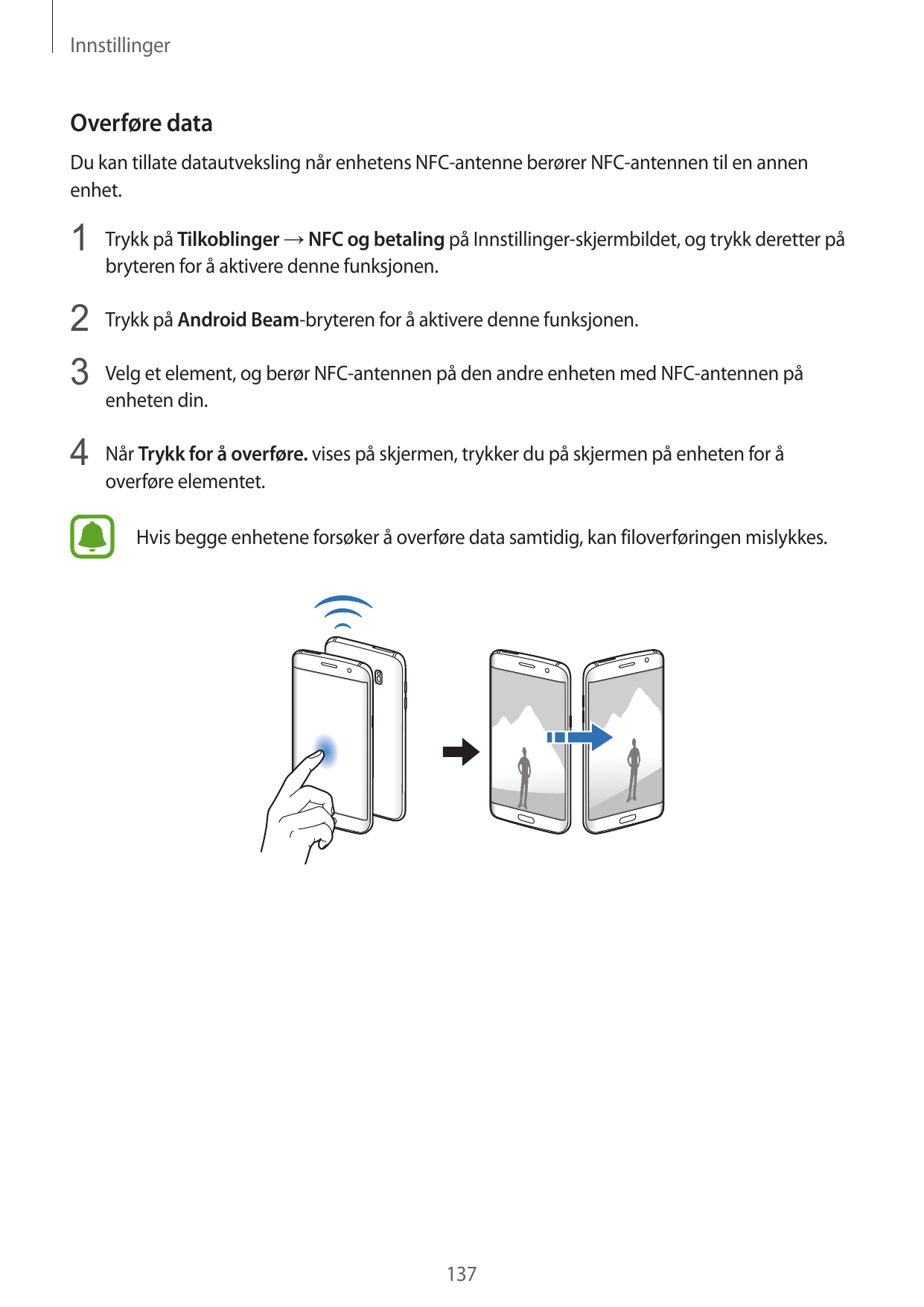 InnstillingerOverføre dataDu kan tillate datautveksling når enhetens NFC-antenne berører NFC-antennen til en annenenhet.1 Trykk 