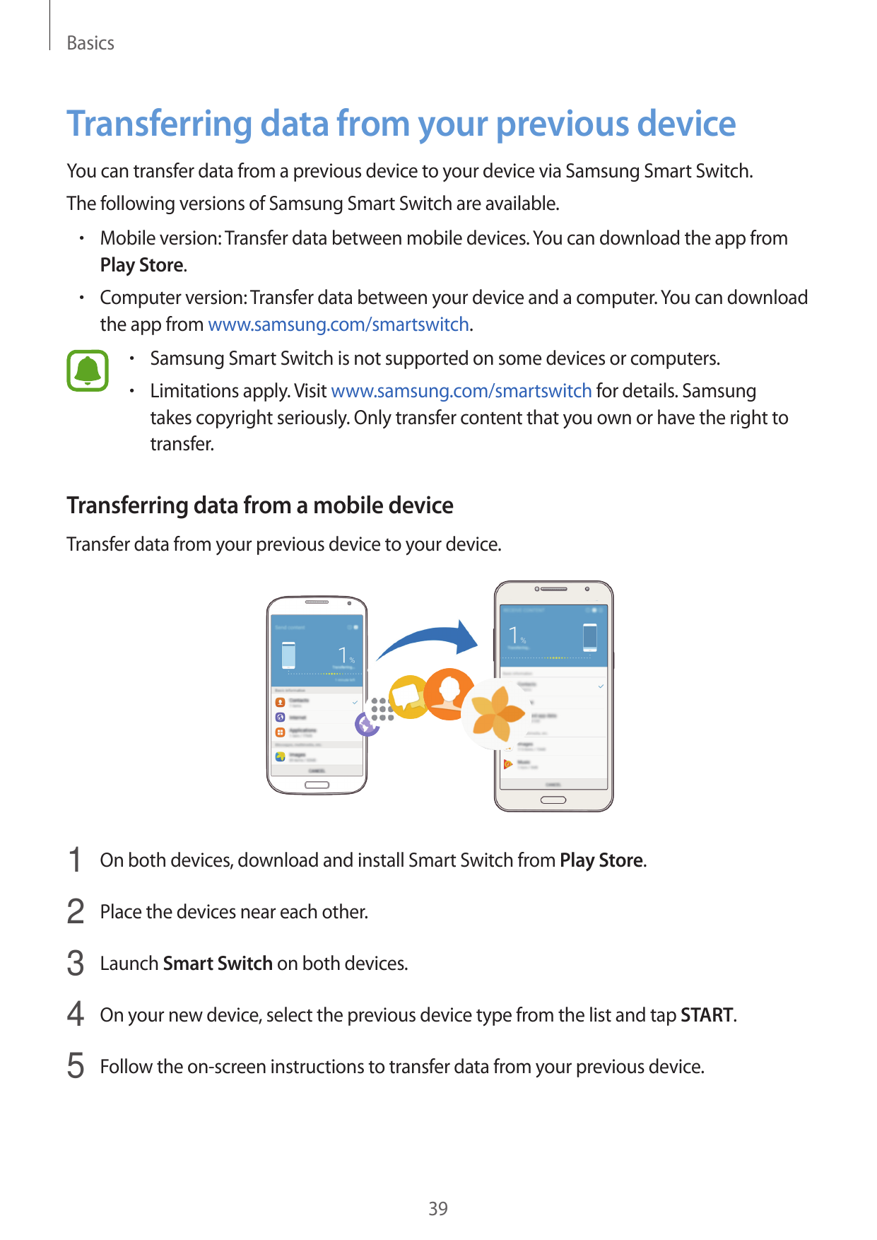 BasicsTransferring data from your previous deviceYou can transfer data from a previous device to your device via Samsung Smart S