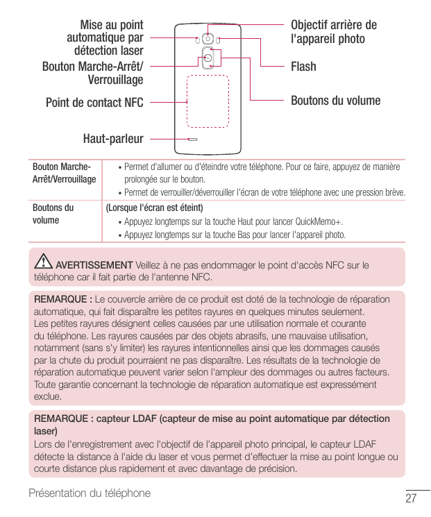 Mise au pointautomatique pardétection laserBouton Marche-Arrêt/VerrouillageObjectif arrière del'appareil photoPoint de contact N