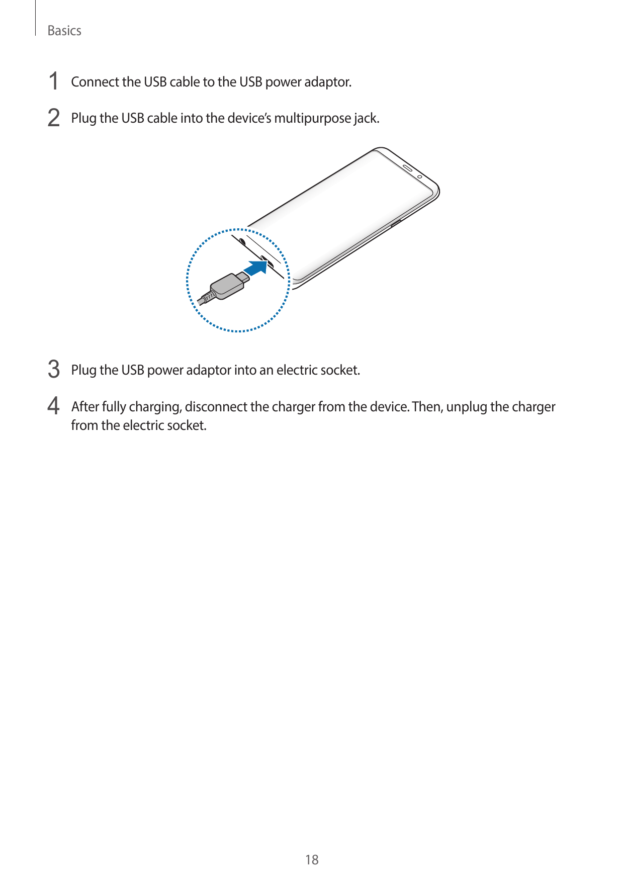 Basics1 Connect the USB cable to the USB power adaptor.2 Plug the USB cable into the device’s multipurpose jack.3 Plug the USB p
