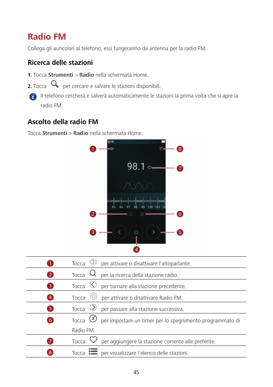 Radio FMCollega gli auricolari al telefono, essi fungeranno da antenna per la radio FM.Ricerca delle stazioni1. Tocca Strumenti 