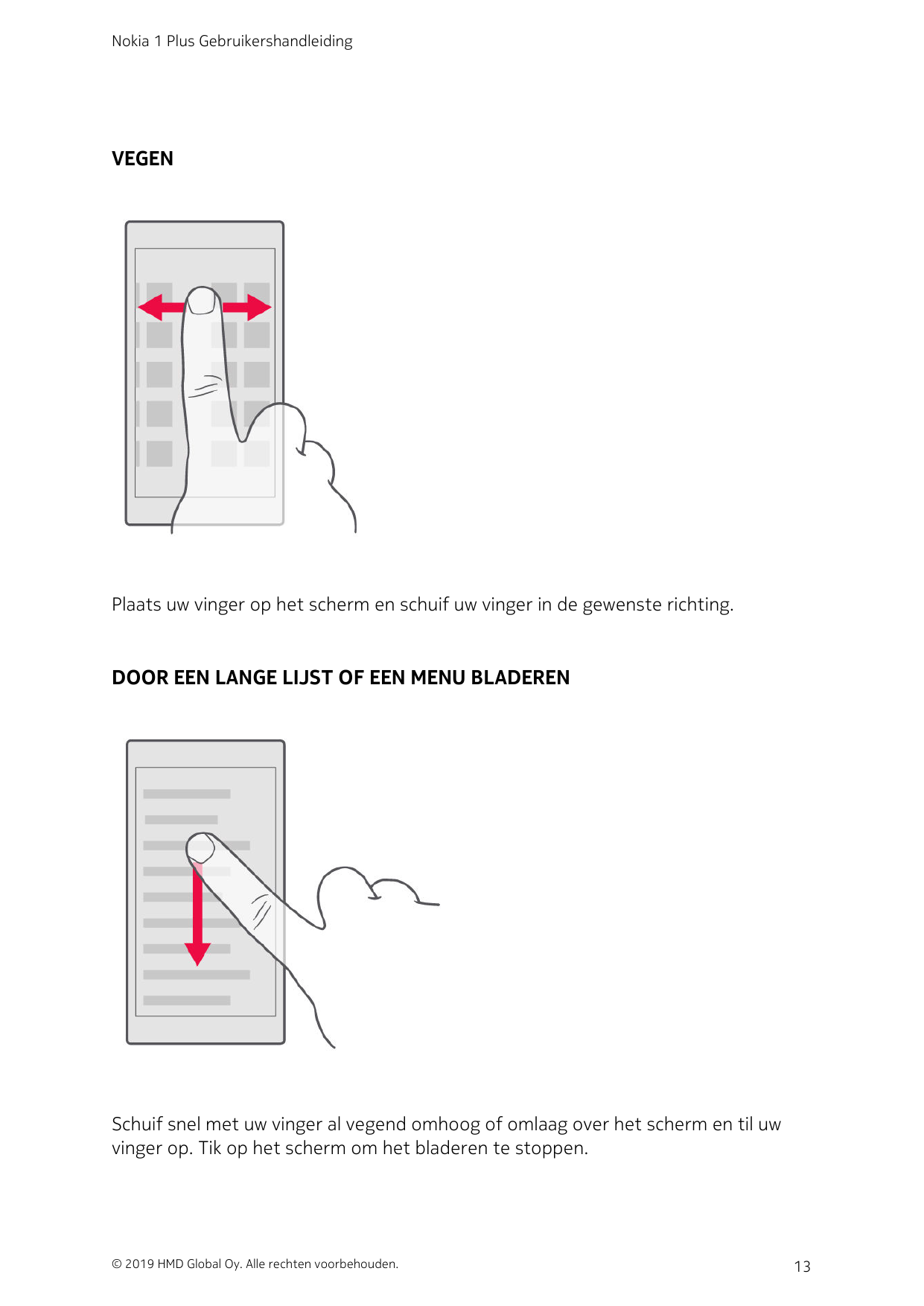 Nokia 1 Plus GebruikershandleidingVEGENPlaats uw vinger op het scherm en schuif uw vinger in de gewenste richting.DOOR EEN LANGE