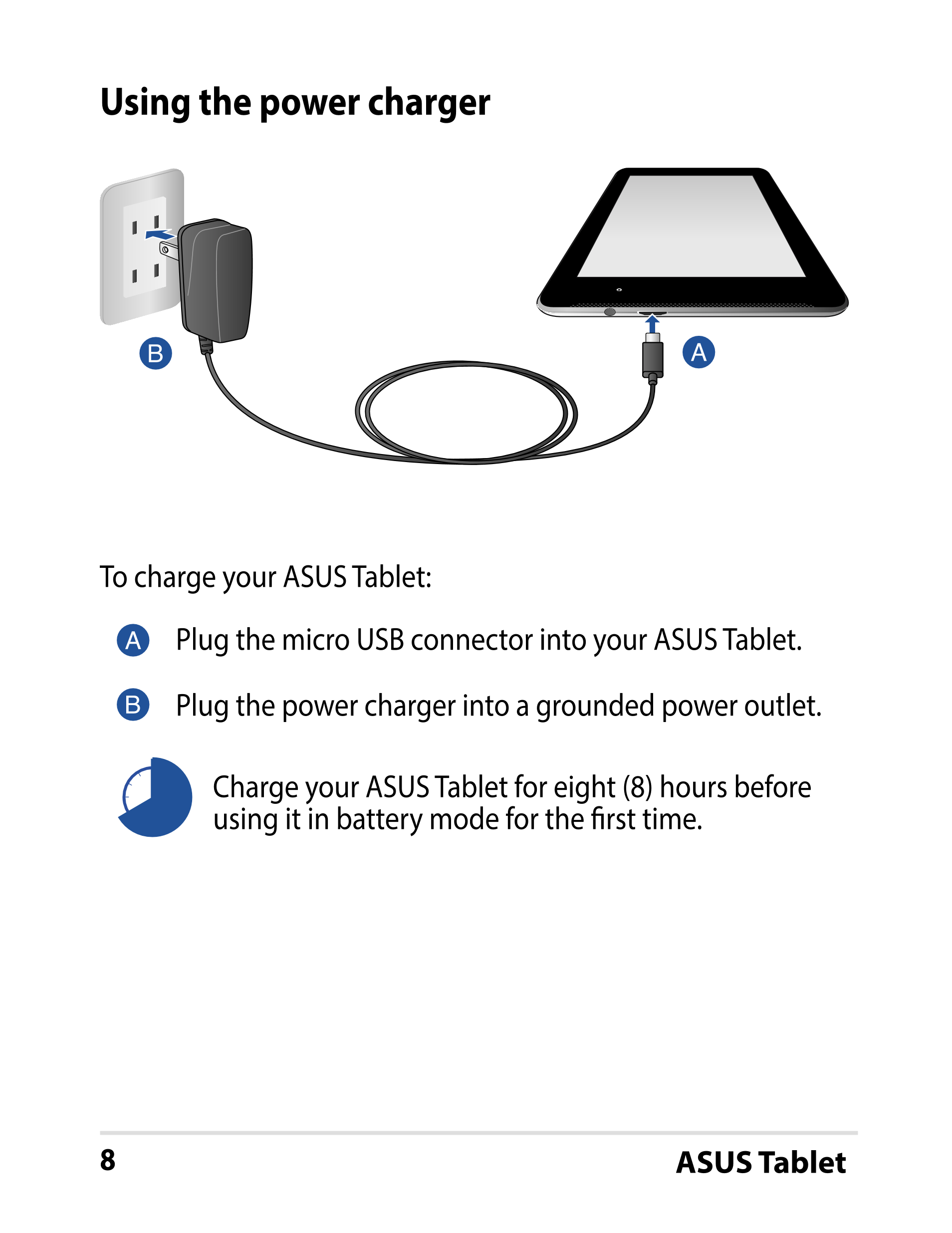 Using the power charger
To charge your ASUS Tablet:
Plug the micro USB connector into your ASUS Tablet.
Plug the power charger i