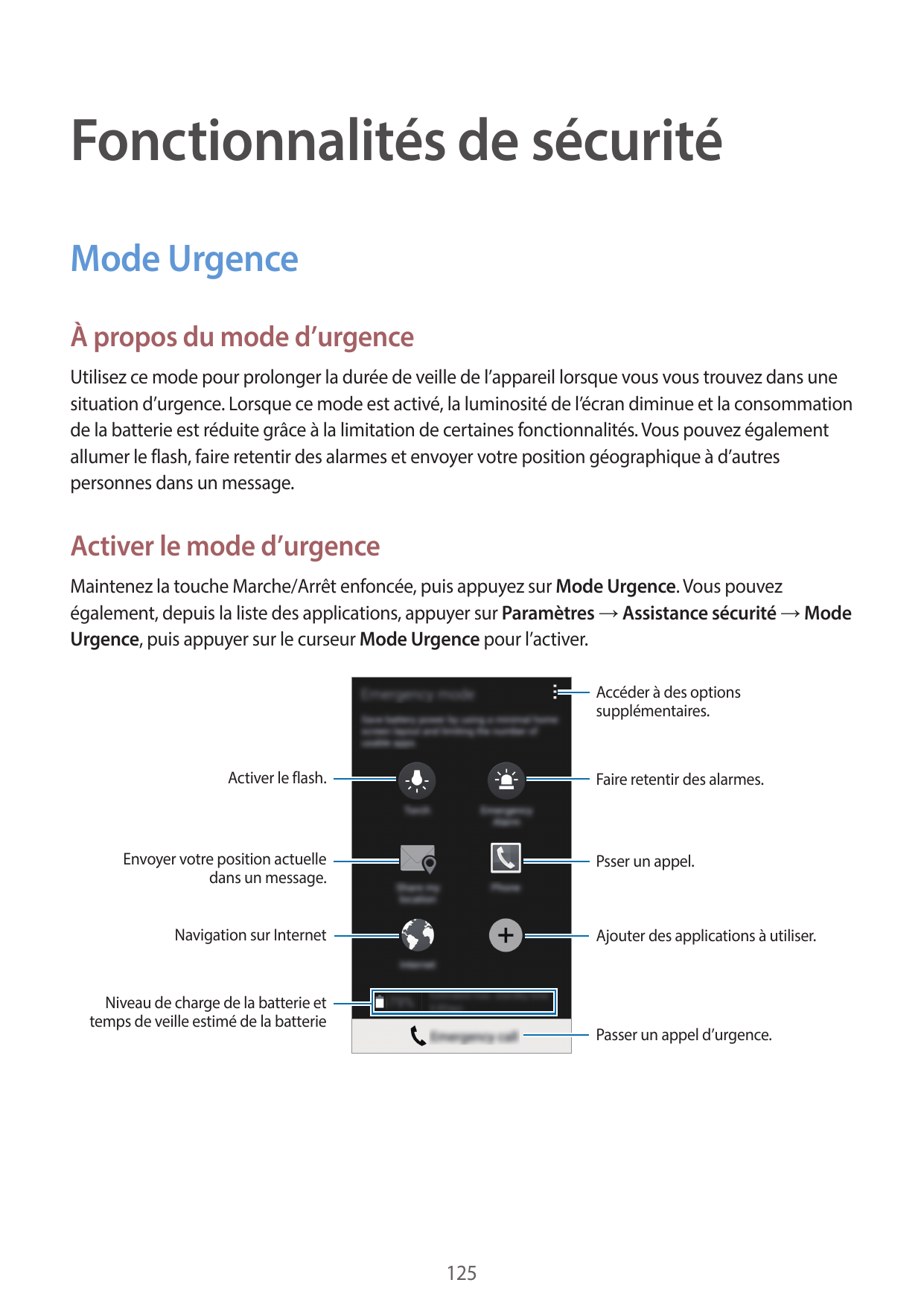 Fonctionnalités de sécuritéMode UrgenceÀ propos du mode d’urgenceUtilisez ce mode pour prolonger la durée de veille de l’apparei