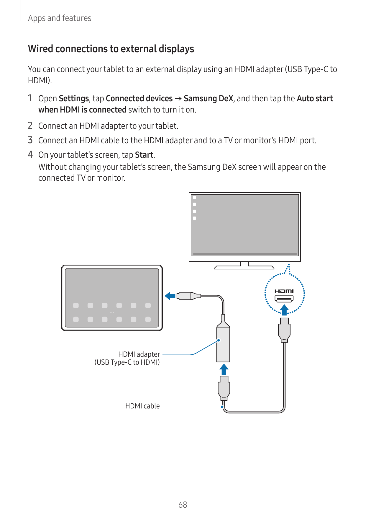 Apps and featuresWired connections to external displaysYou can connect your tablet to an external display using an HDMI adapter 