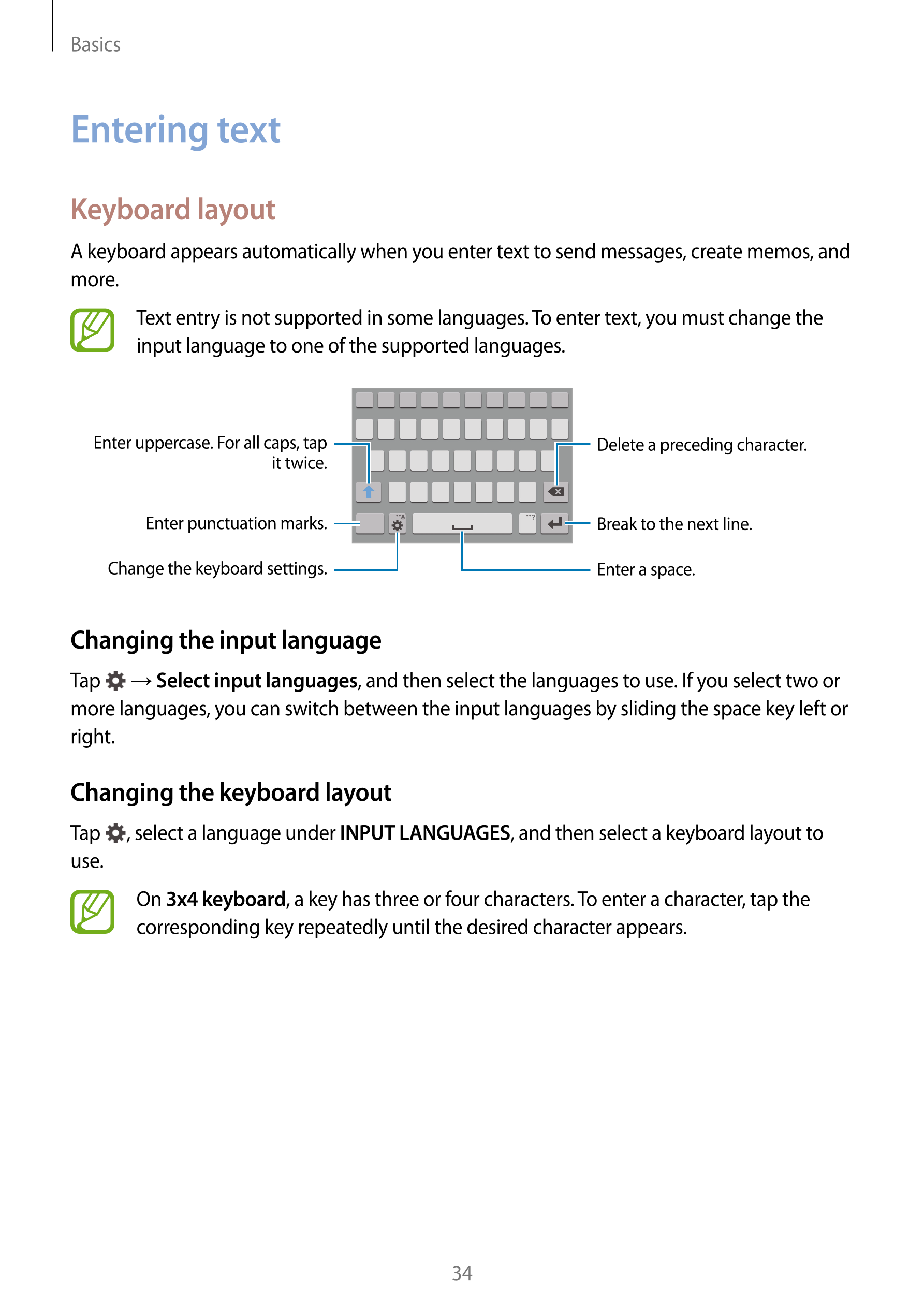 Basics
Entering text
Keyboard layout
A keyboard appears automatically when you enter text to send messages, create memos, and 
m